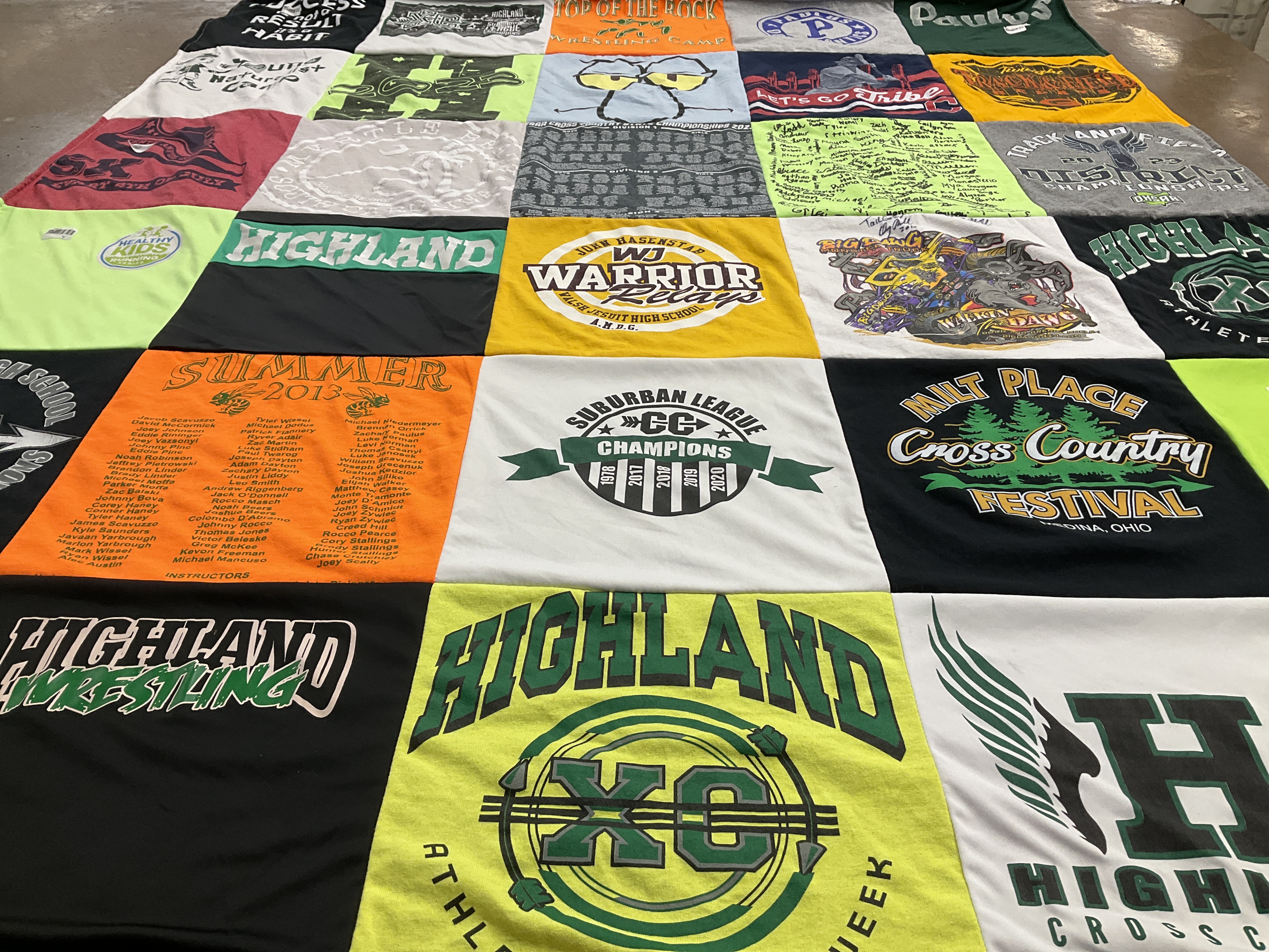 Custom Project Repat t-shirt quilt featuring shirts from highland high school.
