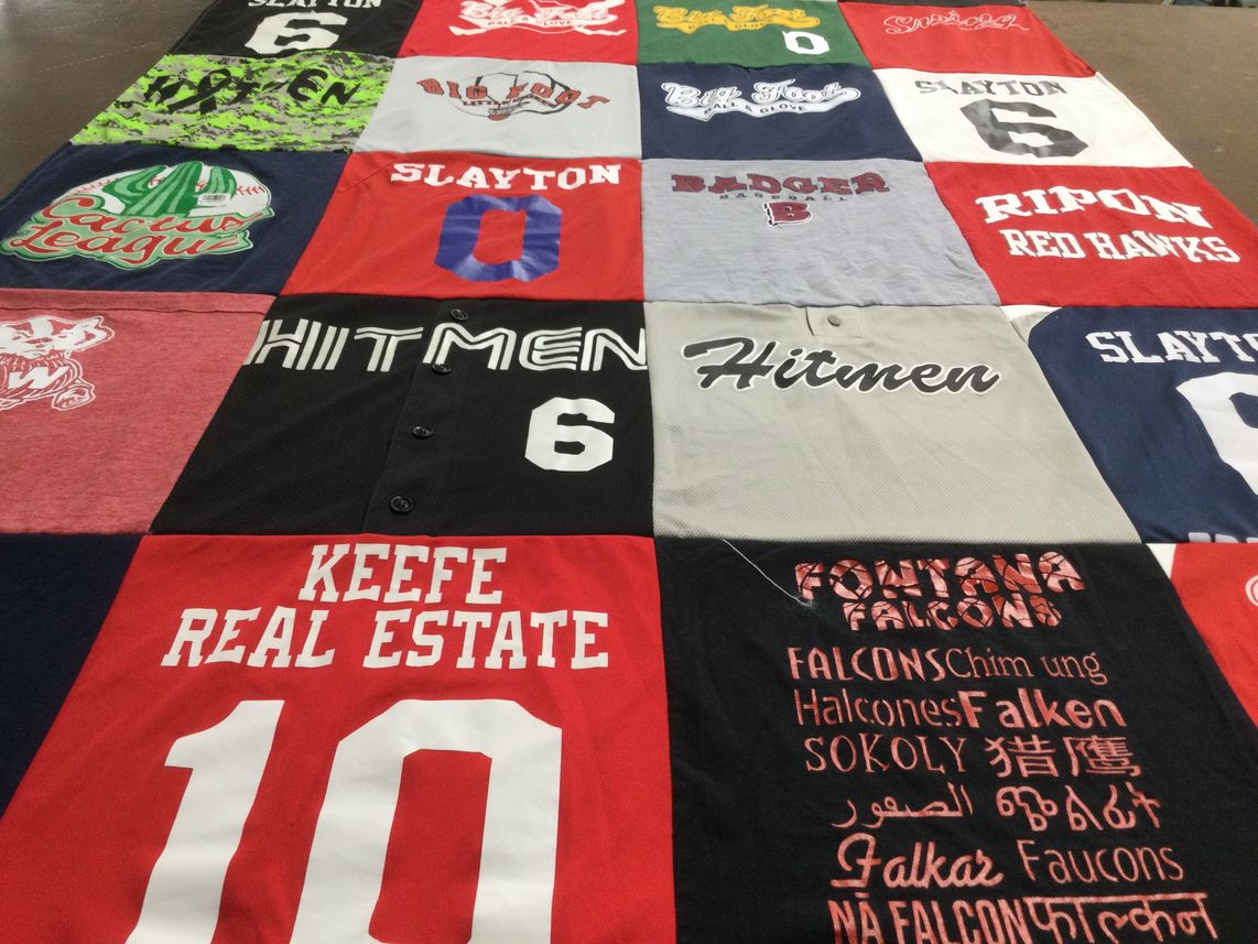 T-shirt quilt featuring fontana falcons, ripon red hawks by Karin from WI