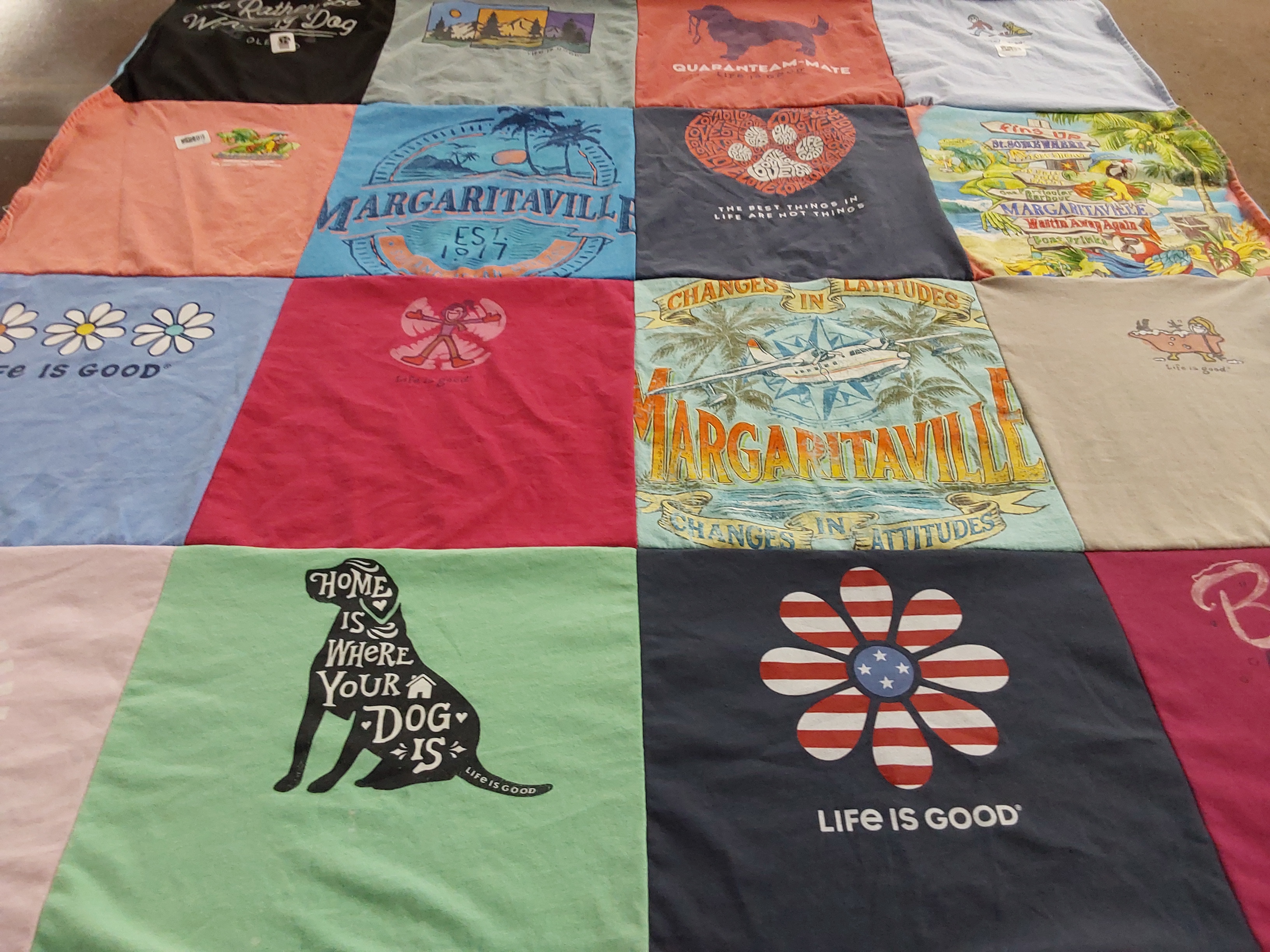 Custom Project Repat t-shirt quilt highlighting dogs, beaches themes.