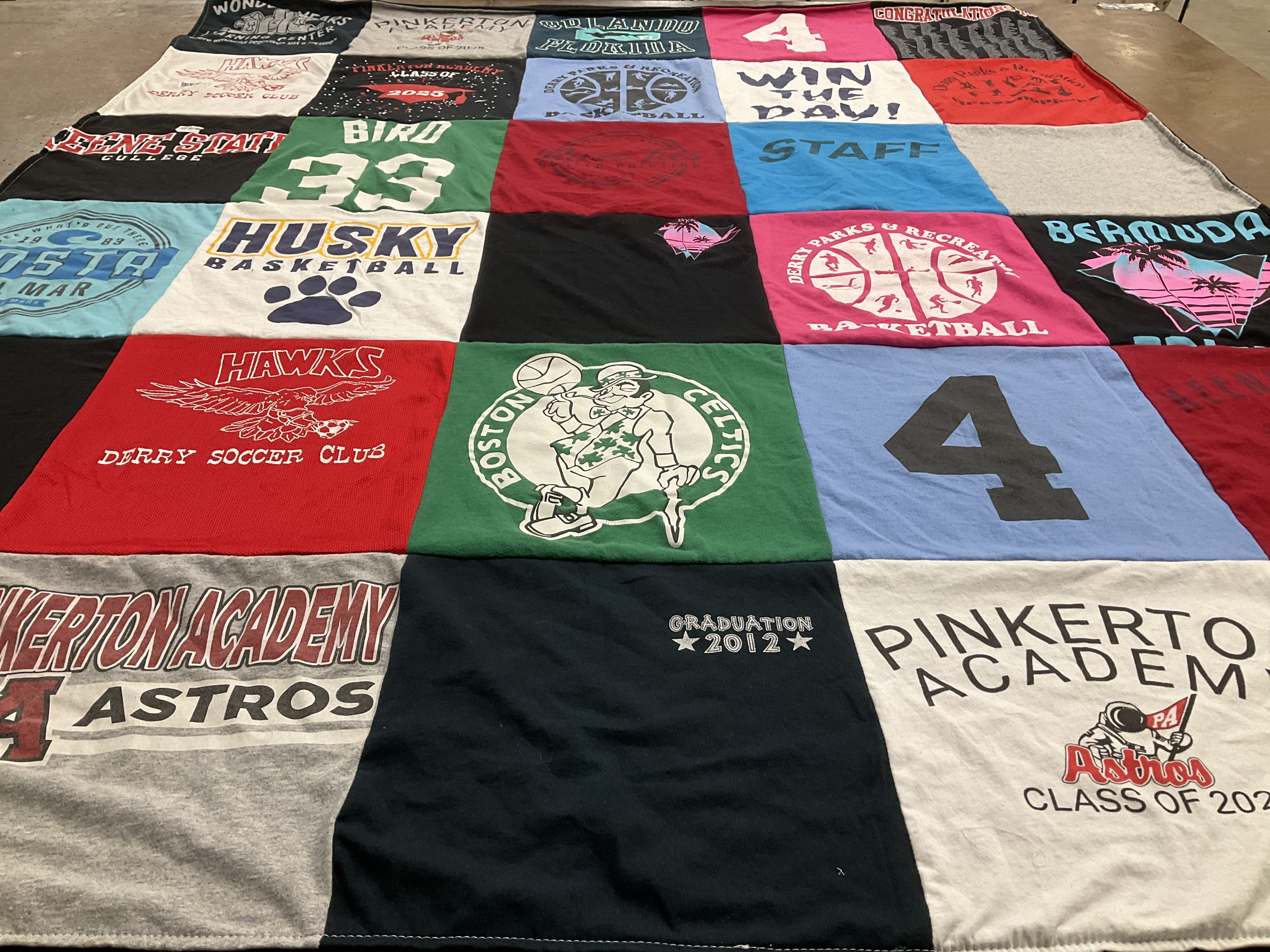 T-shirt quilt featuring boston celtics, pinkerton academy astros by Nicole from NH