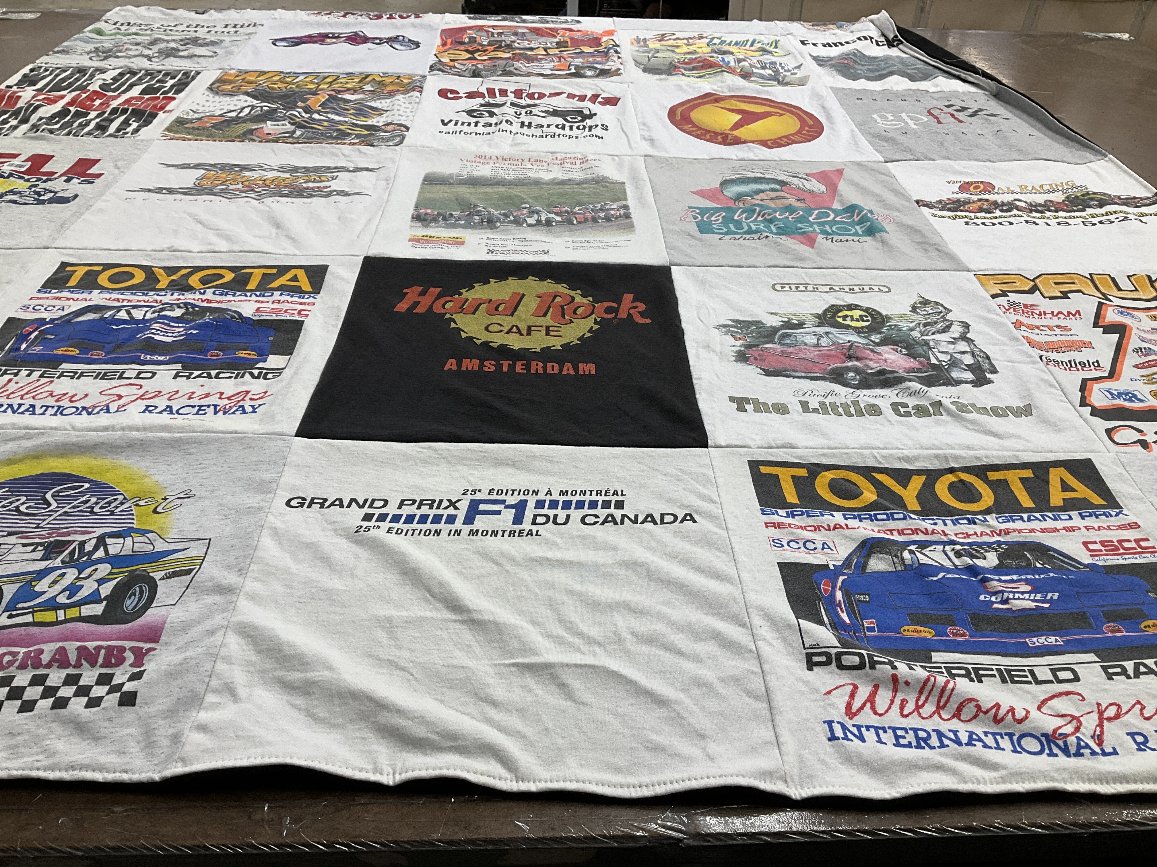 T-shirt quilt with auto racing, cars themes by Kathy from CA