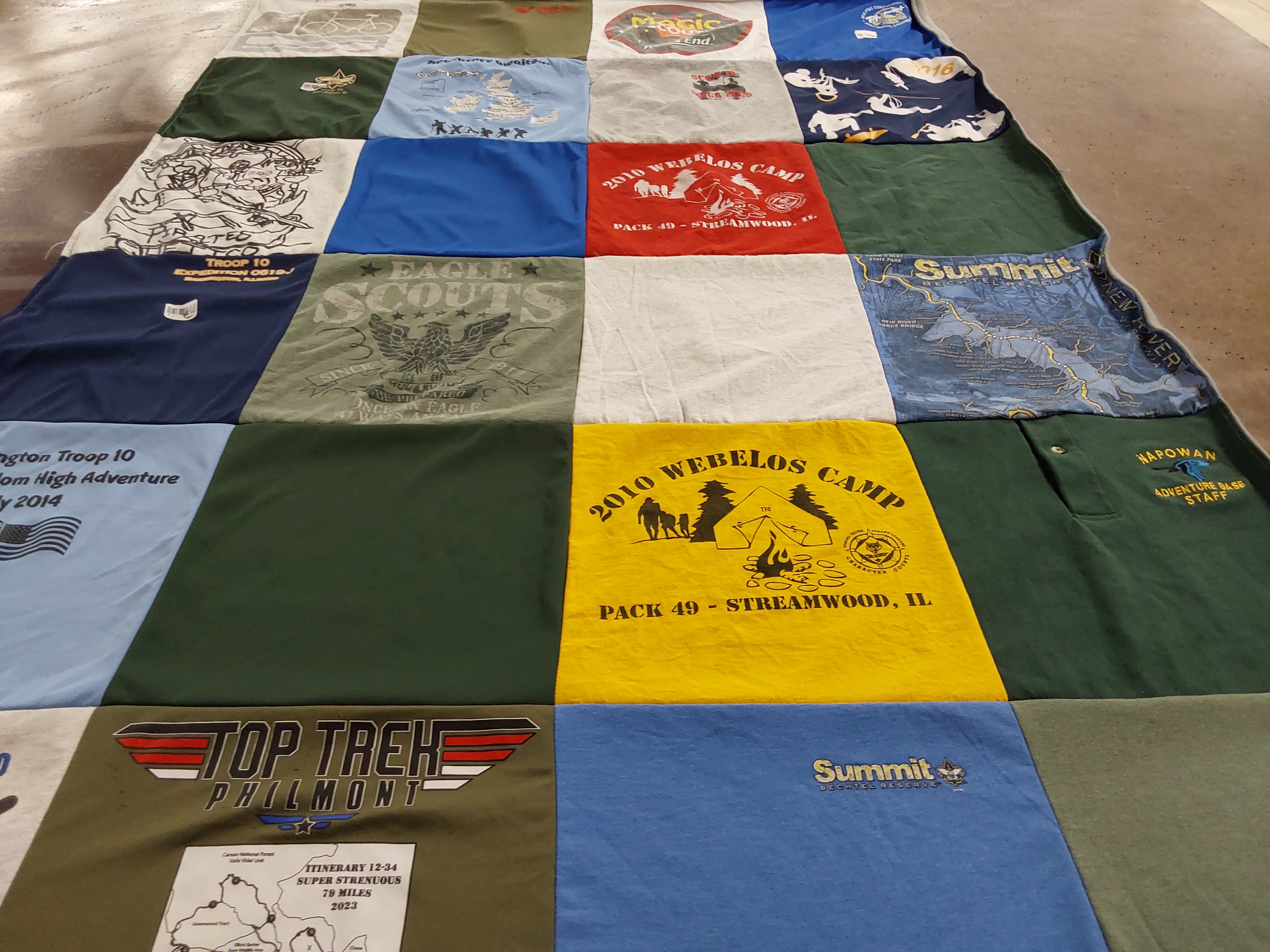 T-shirt quilt with scouting, outdoors themes by Lisa from IL
