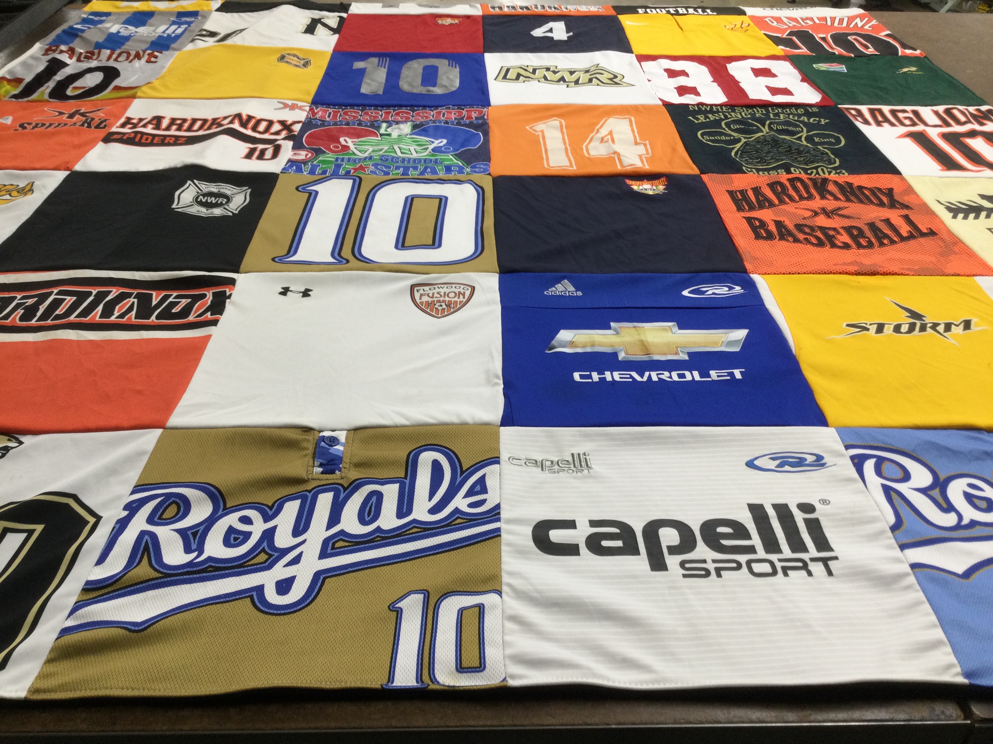 T-shirt quilt with sports, baseball themes by Paula from MS