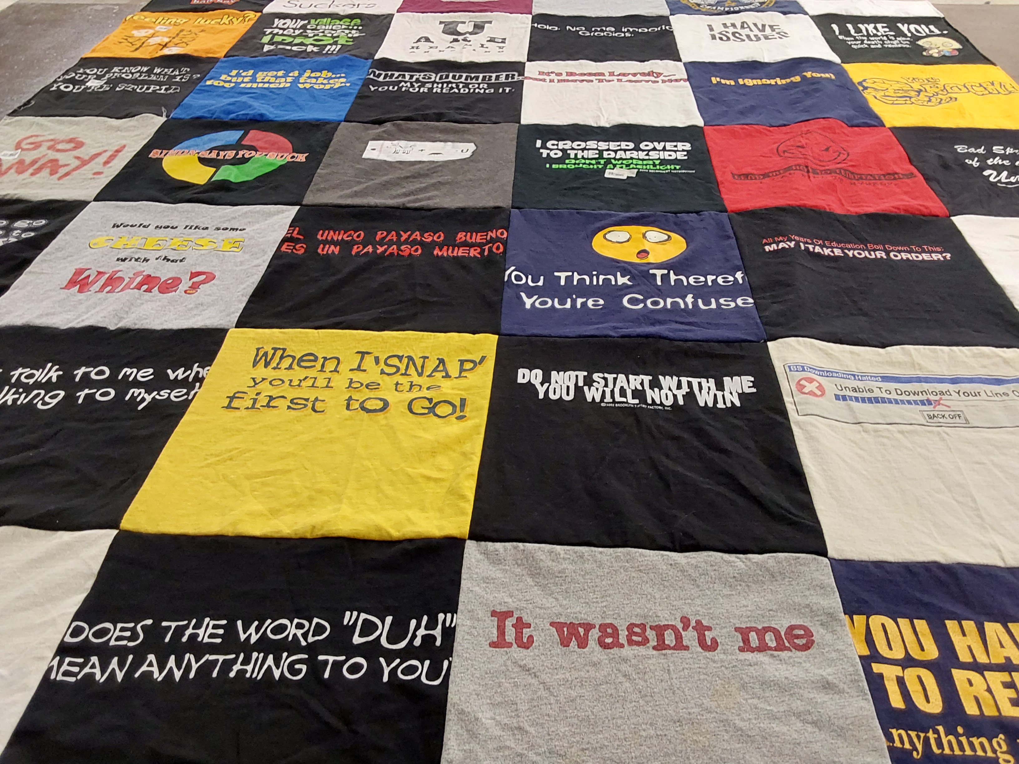 T-shirt quilt with humor, sarcasm themes by Brenda from KS