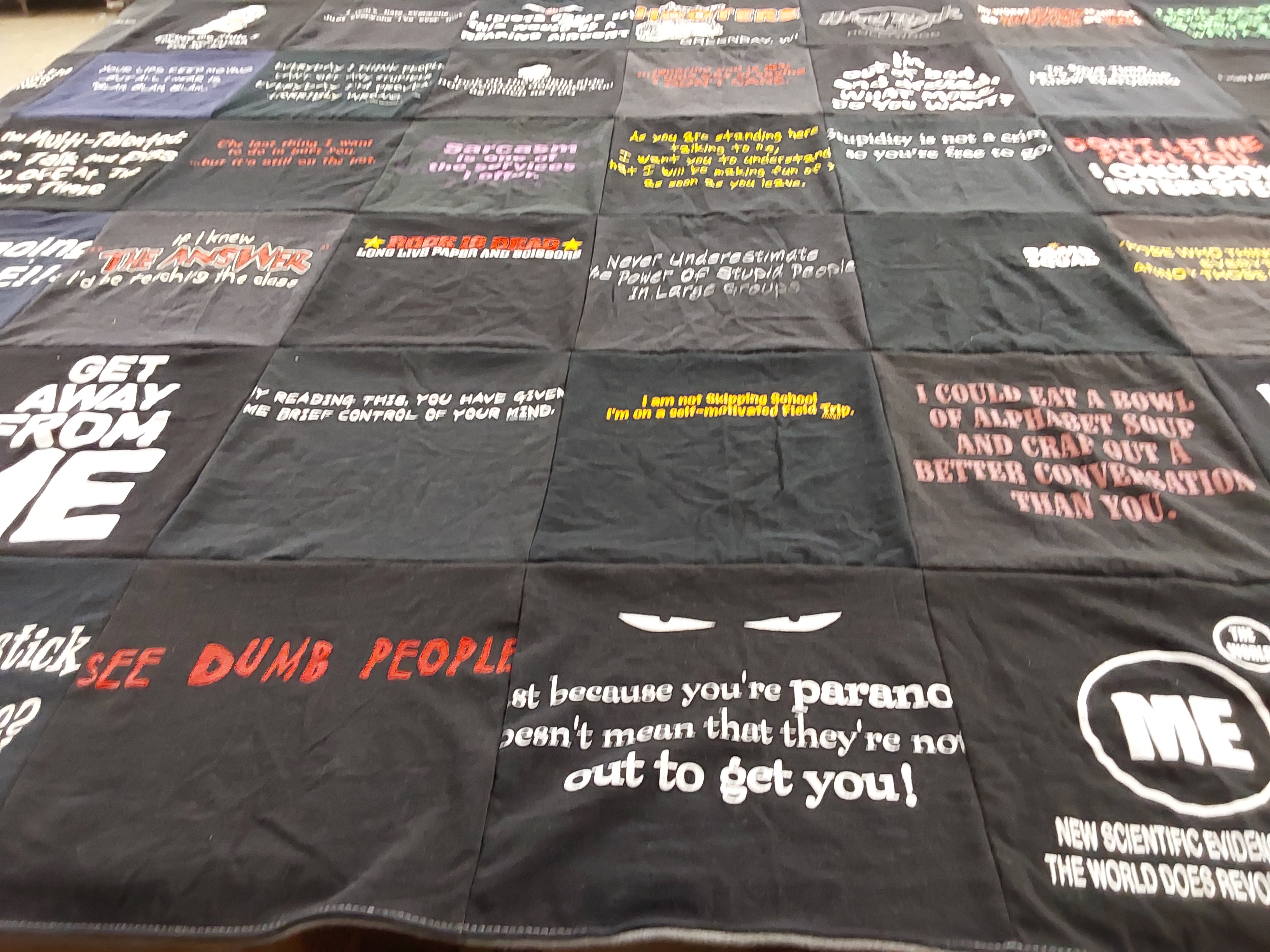 T-shirt quilt with humor, sarcasm themes by Brenda from KS