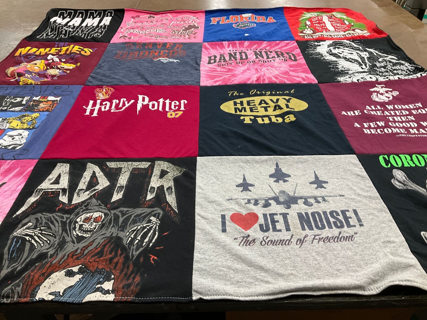 T-shirt quilt with music, movies themes by Angie from FL