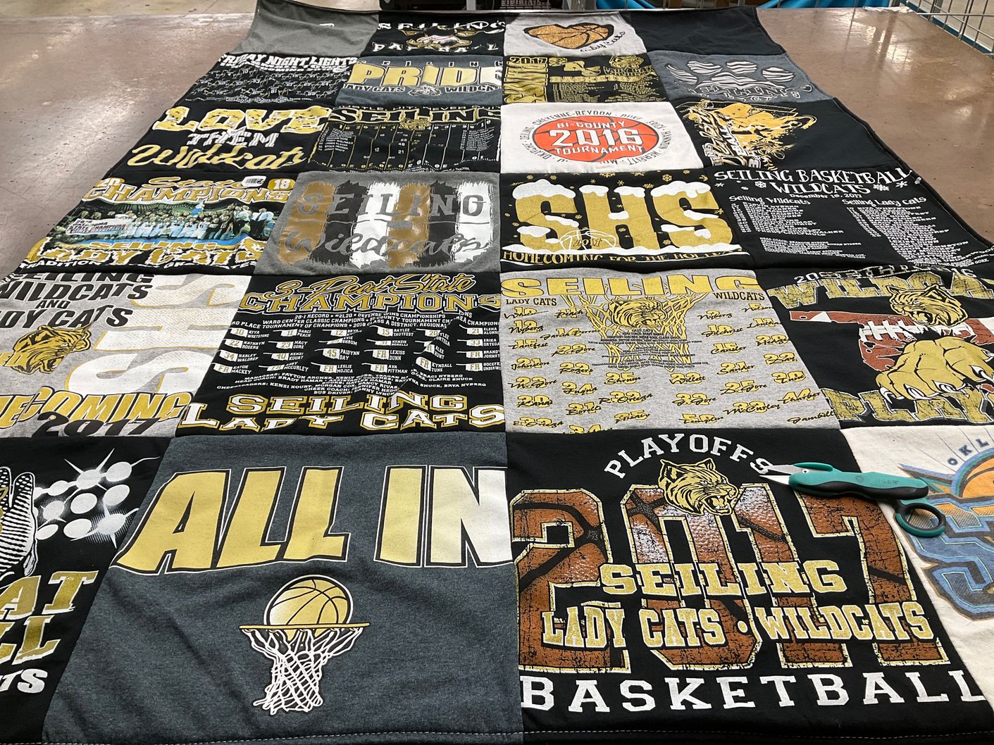 T-shirt quilt featuring seiling wildcats, seiling lady cats by Madison from OK