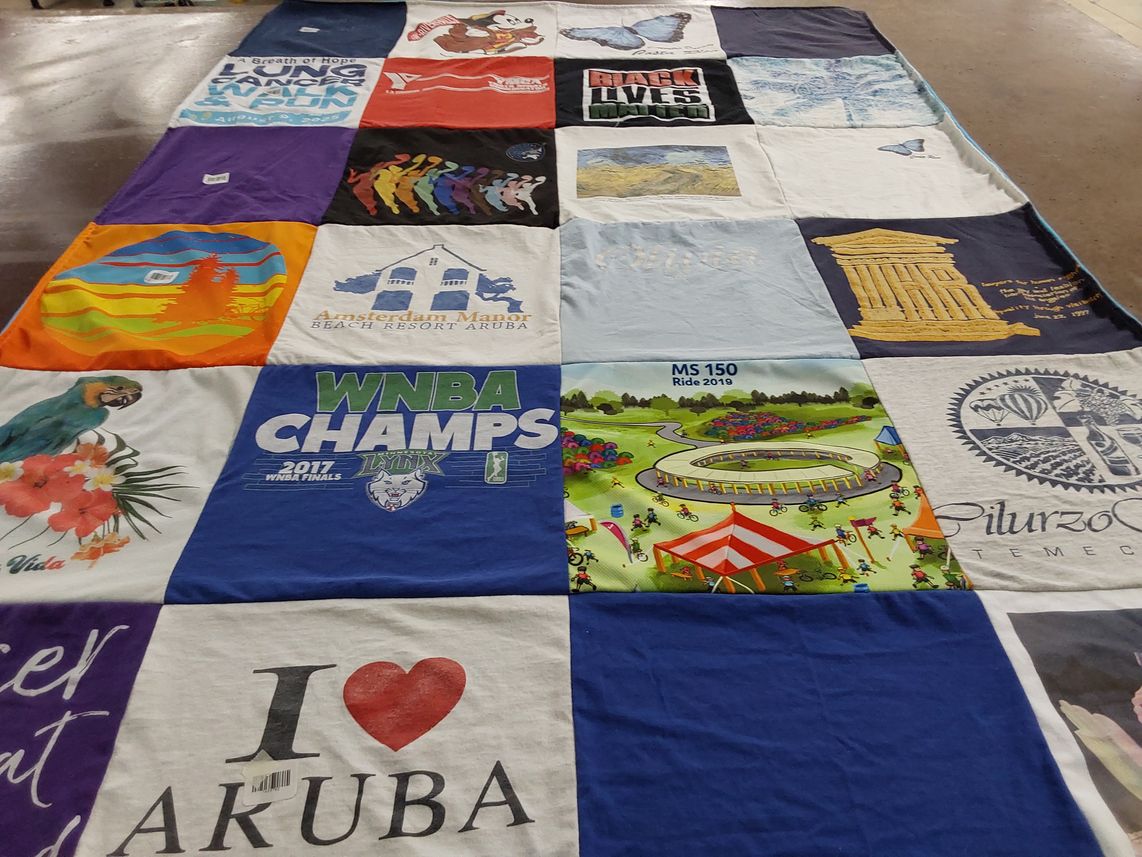 T-shirt quilt with basketball, travel themes by Tina from MN
