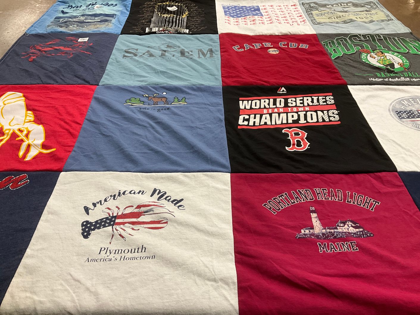 T-shirt quilt with travel, sports themes by Gayla from MO