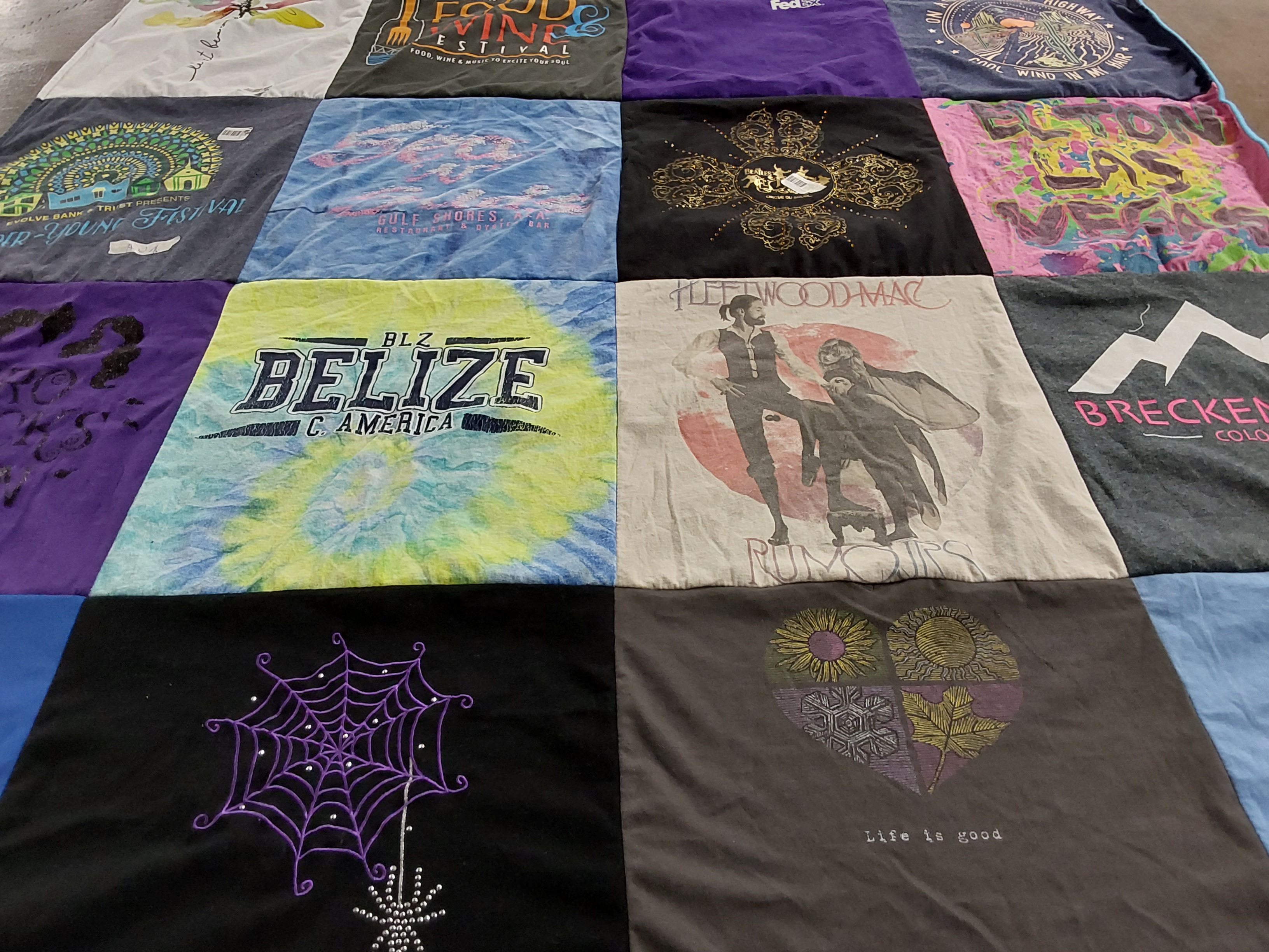 T-shirt quilt with music, festivals themes by Gail from TN