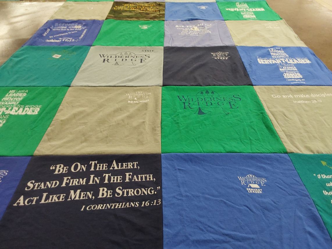 T-shirt quilt with camping, discipleship themes by Neil from TX