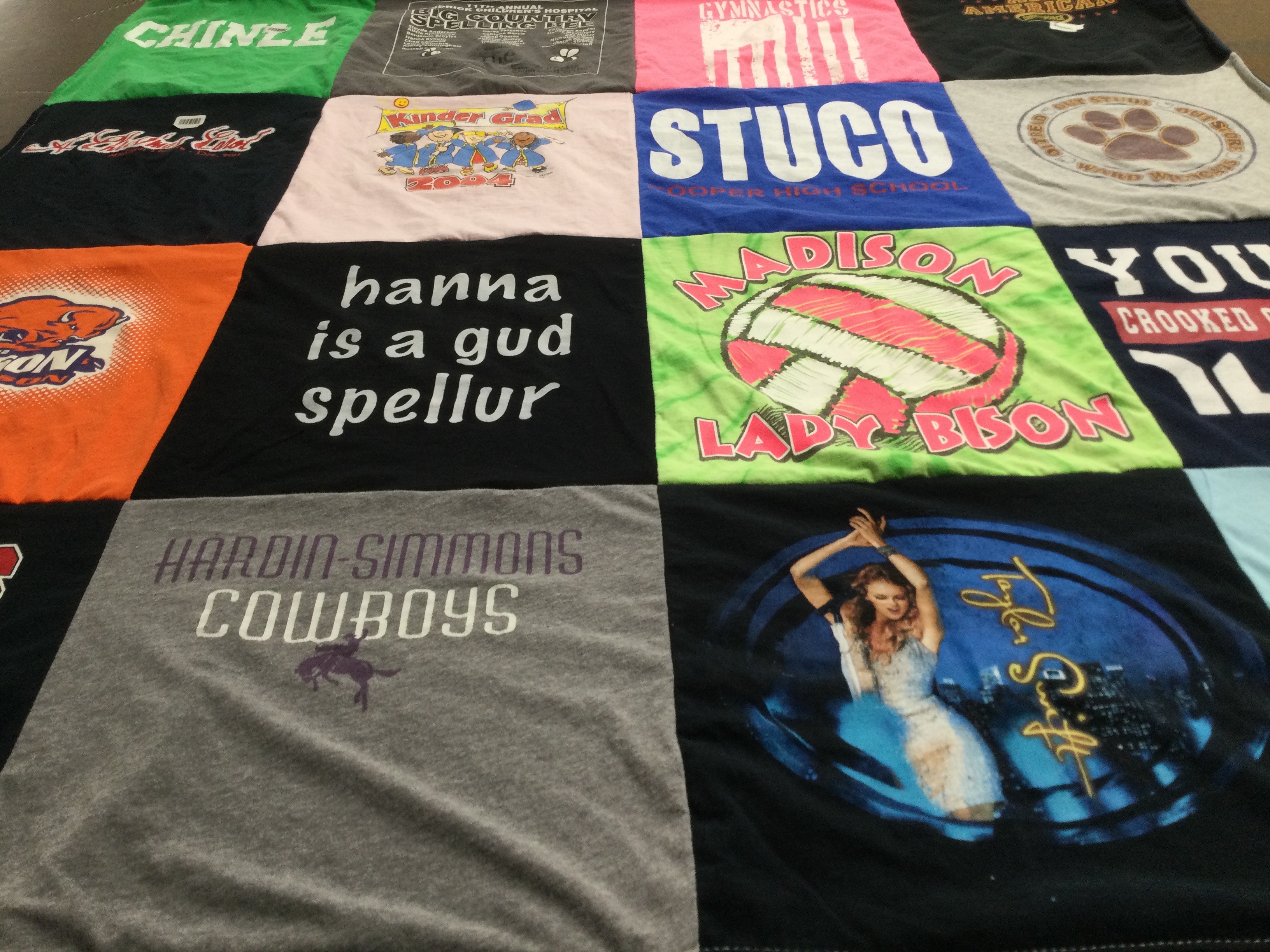 T-shirt quilt featuring hardin simmons cowboys, madison lady bison by Melissa from TX