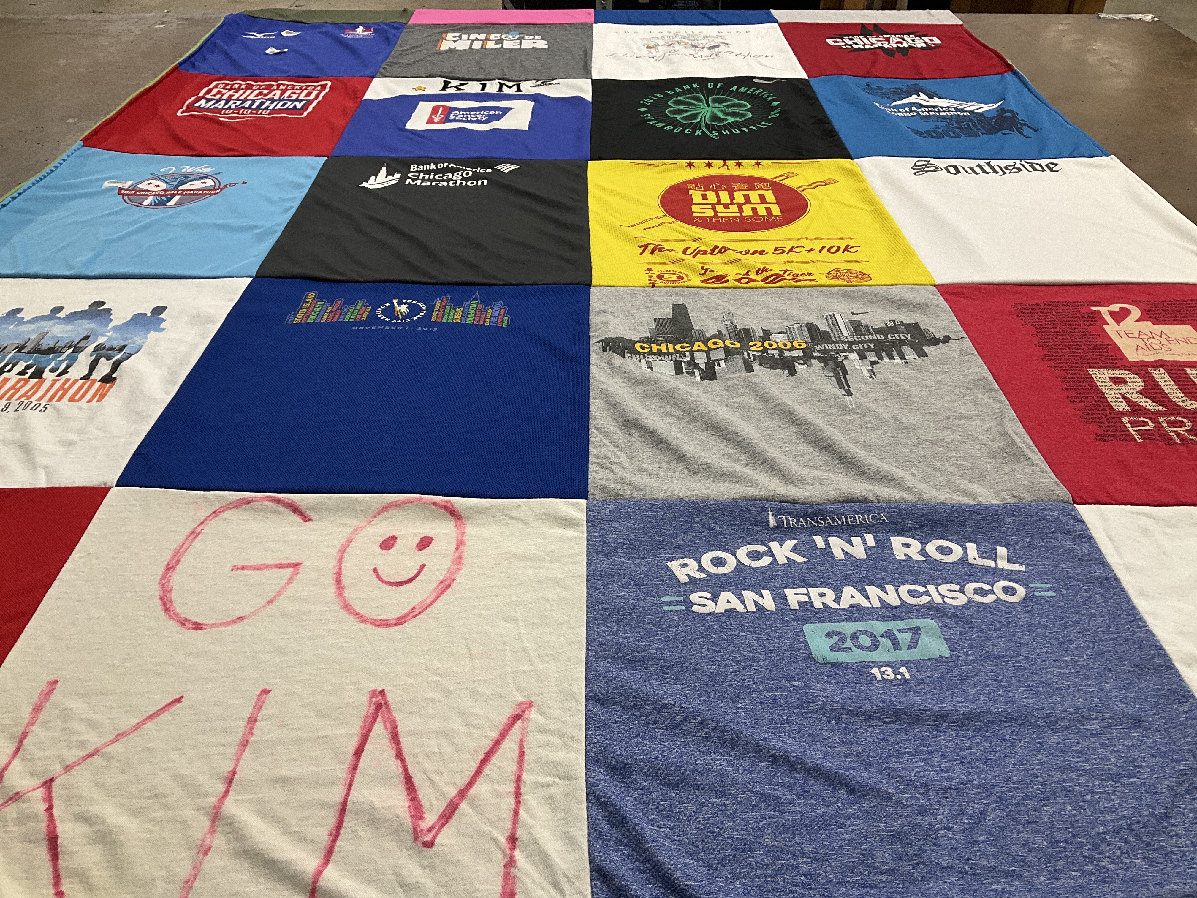 T-shirt quilt with running, marathons themes by Sandra from IN