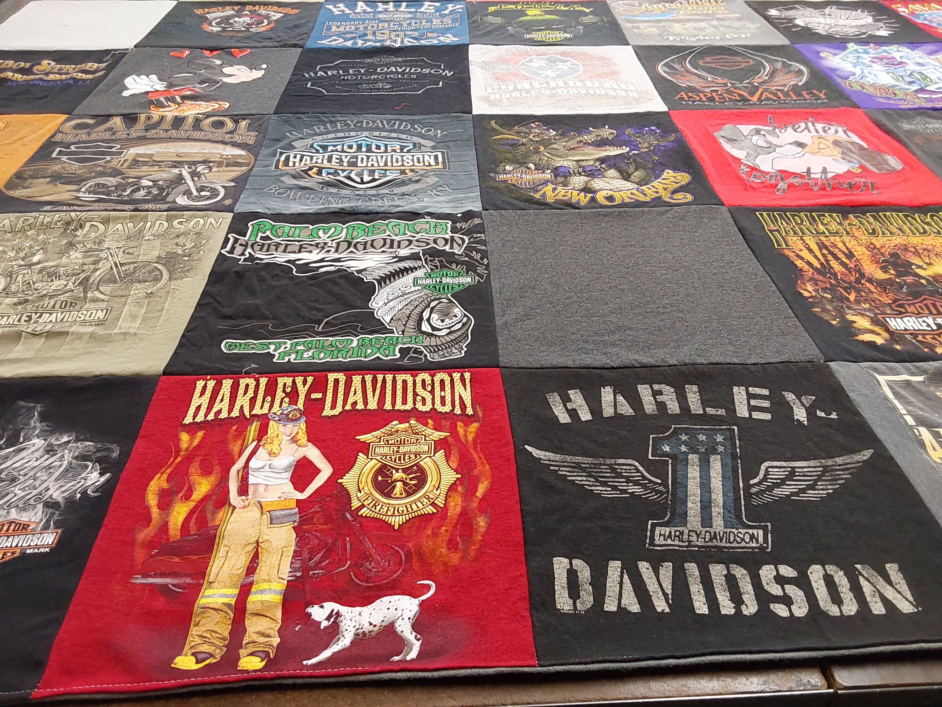 T-shirt quilt with motorcycles, biking themes by Ev from MI