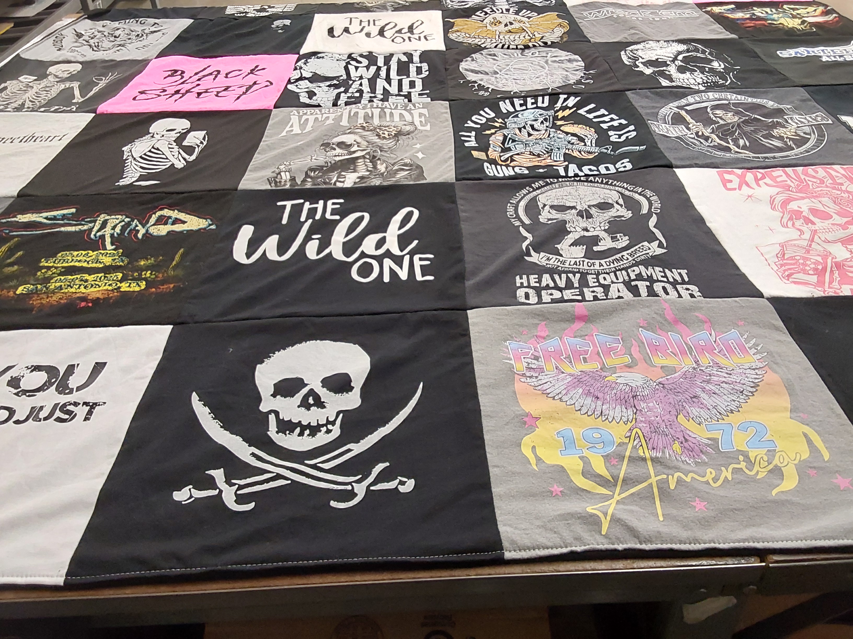 T-shirt quilt with skeletons, pirates themes by Brittany from TX