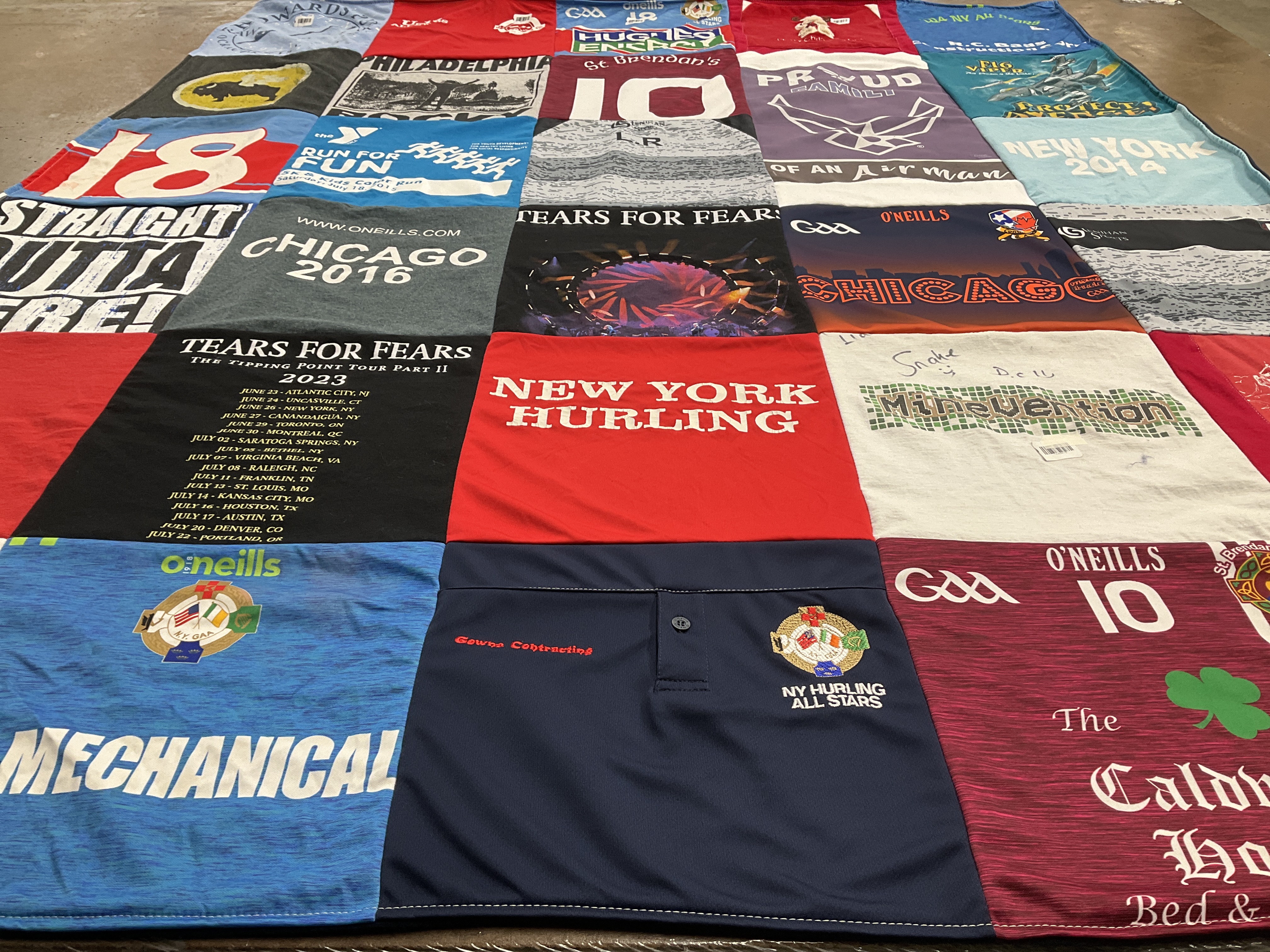 T-shirt quilt with music, hurling themes by Maria from NY