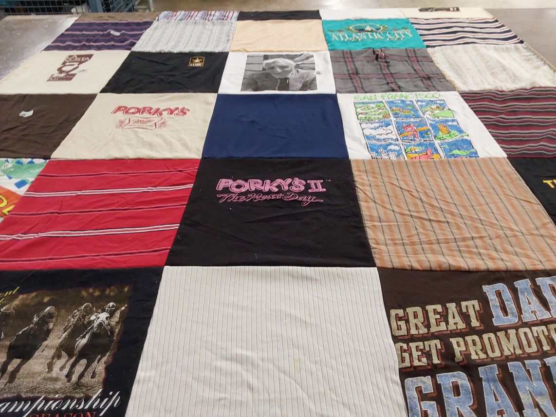 T-shirt quilt with movies, travel themes by Maritza from CA