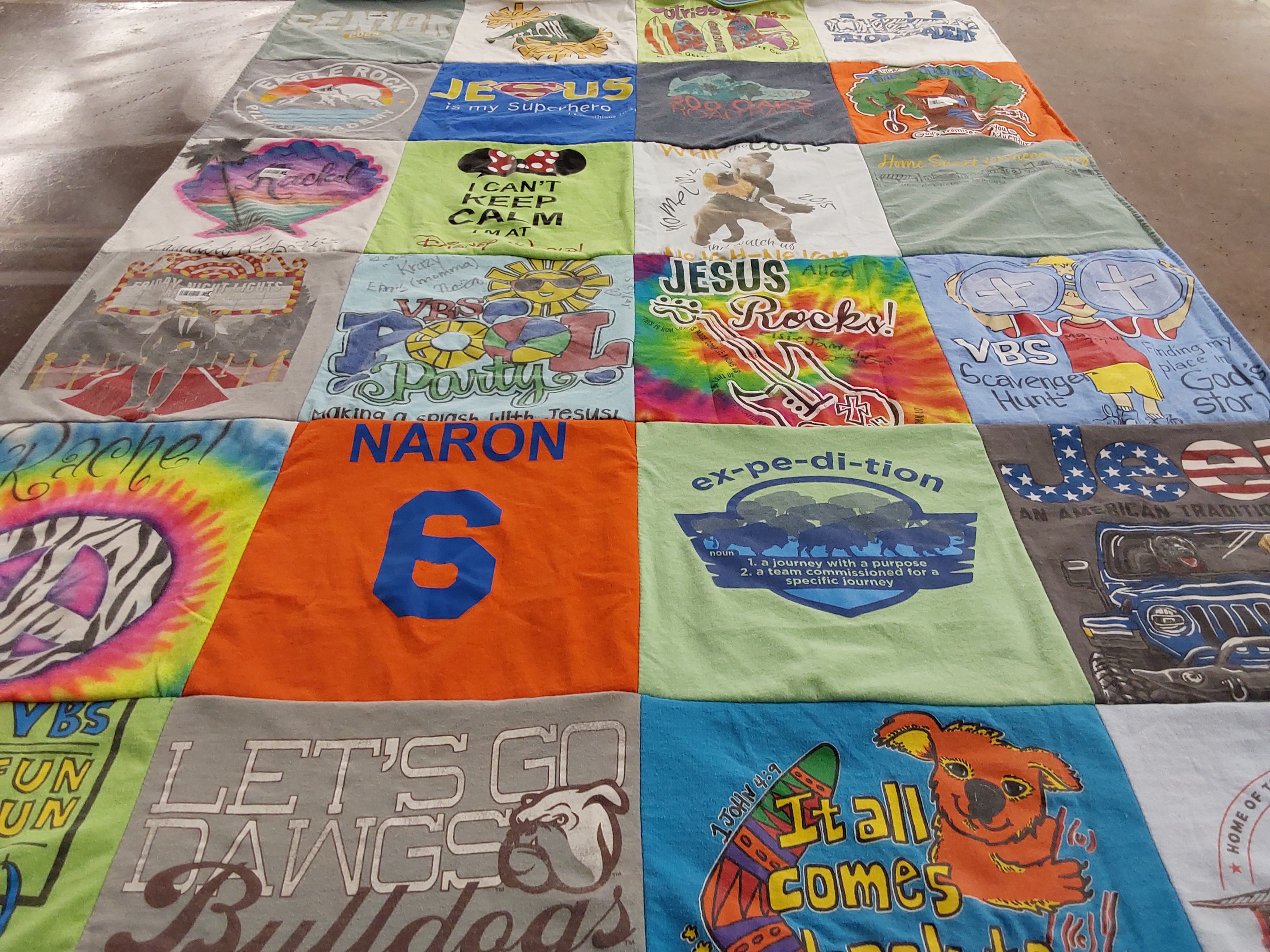 T-shirt quilt with religion, youth activities themes by Kara from MS