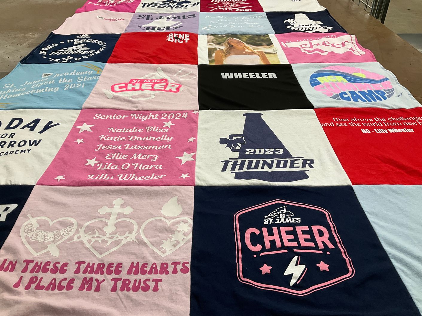 T-shirt quilt featuring st james cheer team by Annette from KS