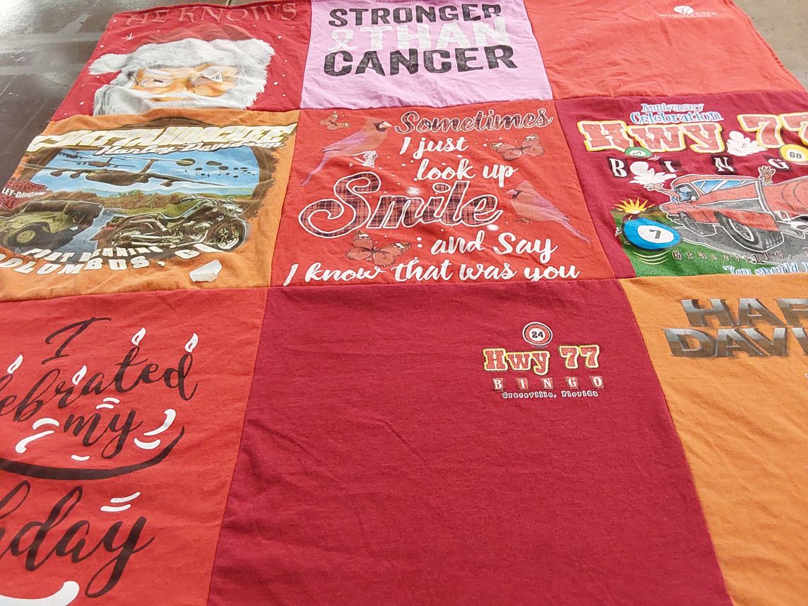 T-shirt quilt with motorcycles, celebrations themes by Bridget from AL