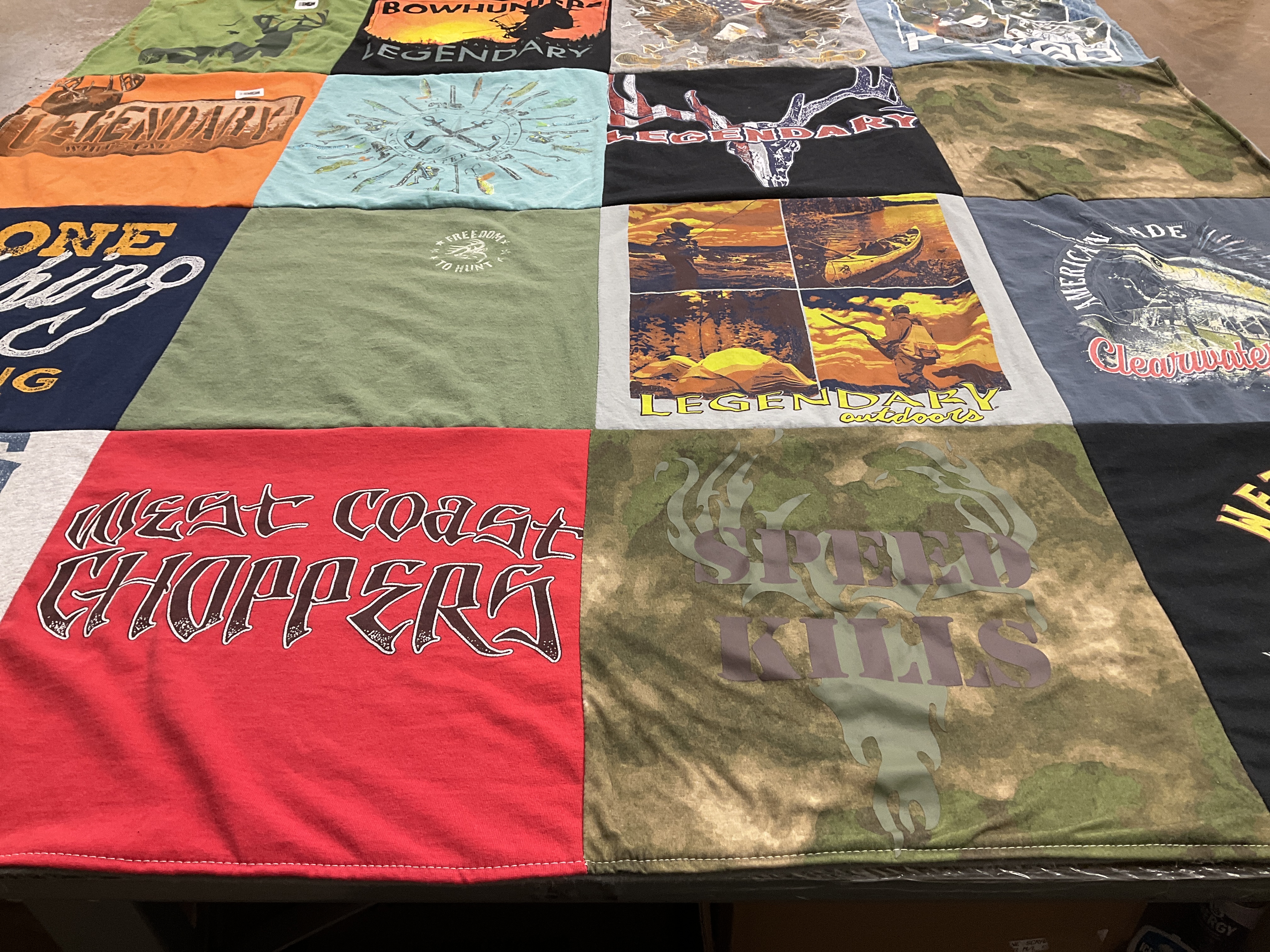 T-shirt quilt with hunting, outdoor activities themes by Nicole from OH