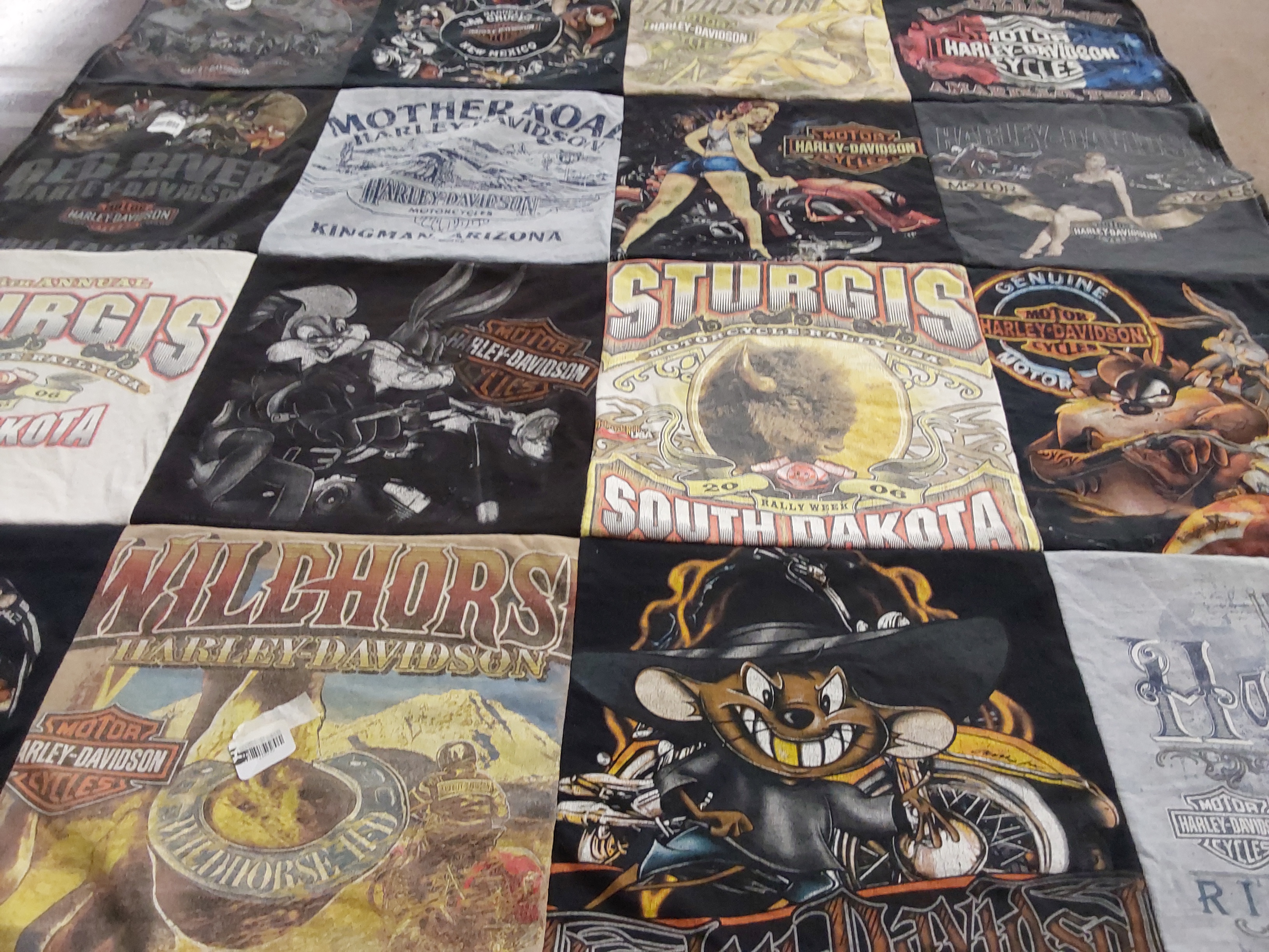 T-shirt quilt with motorcycles, biking themes by Sylvia from CA