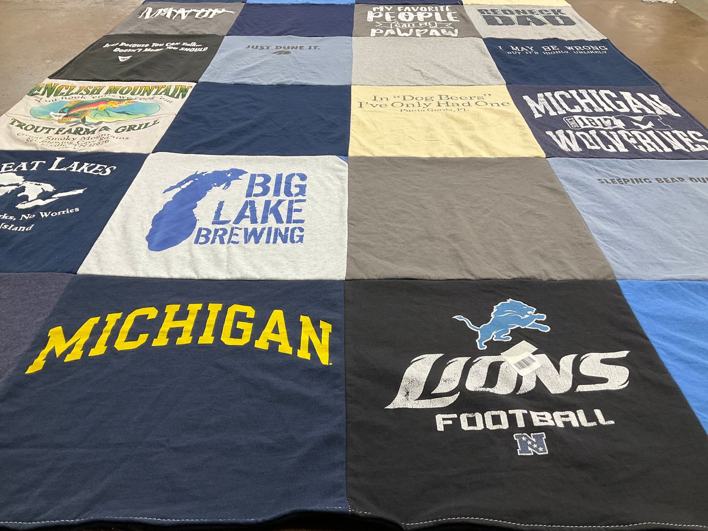 T-shirt quilt featuring michigan wolverines, detroit lions by JOSEPHINE from MI
