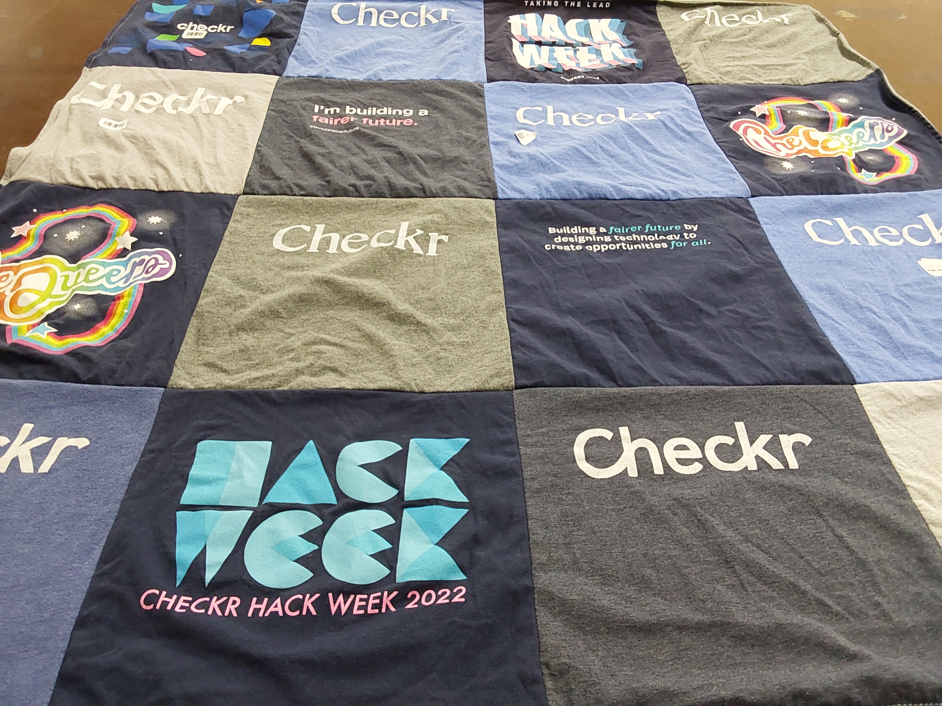 T-shirt quilt with technology, inclusivity themes by Holly from CA