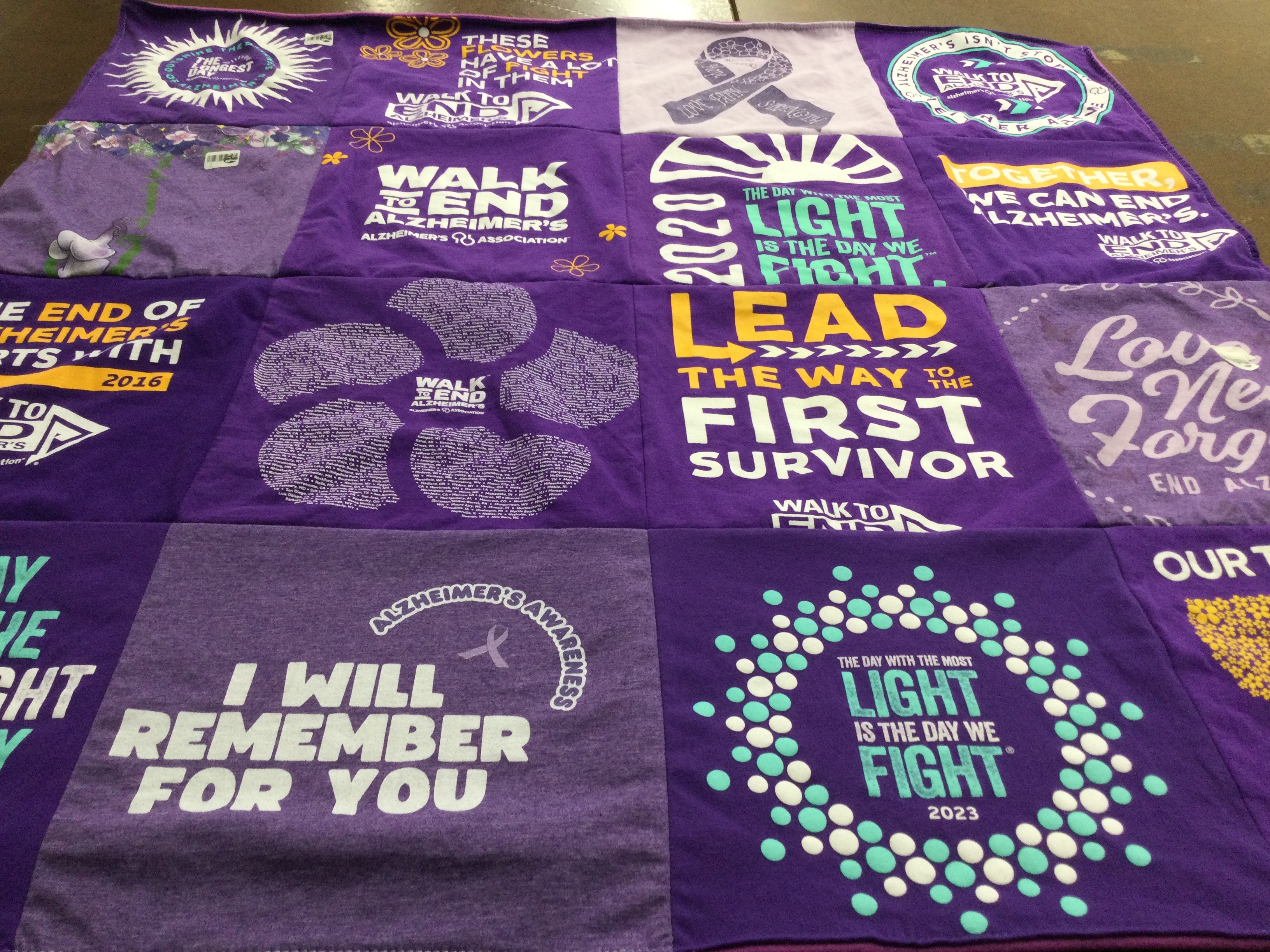 T-shirt quilt with supporting alzheimer's research, awareness campaigns themes by Cheryl  from VA