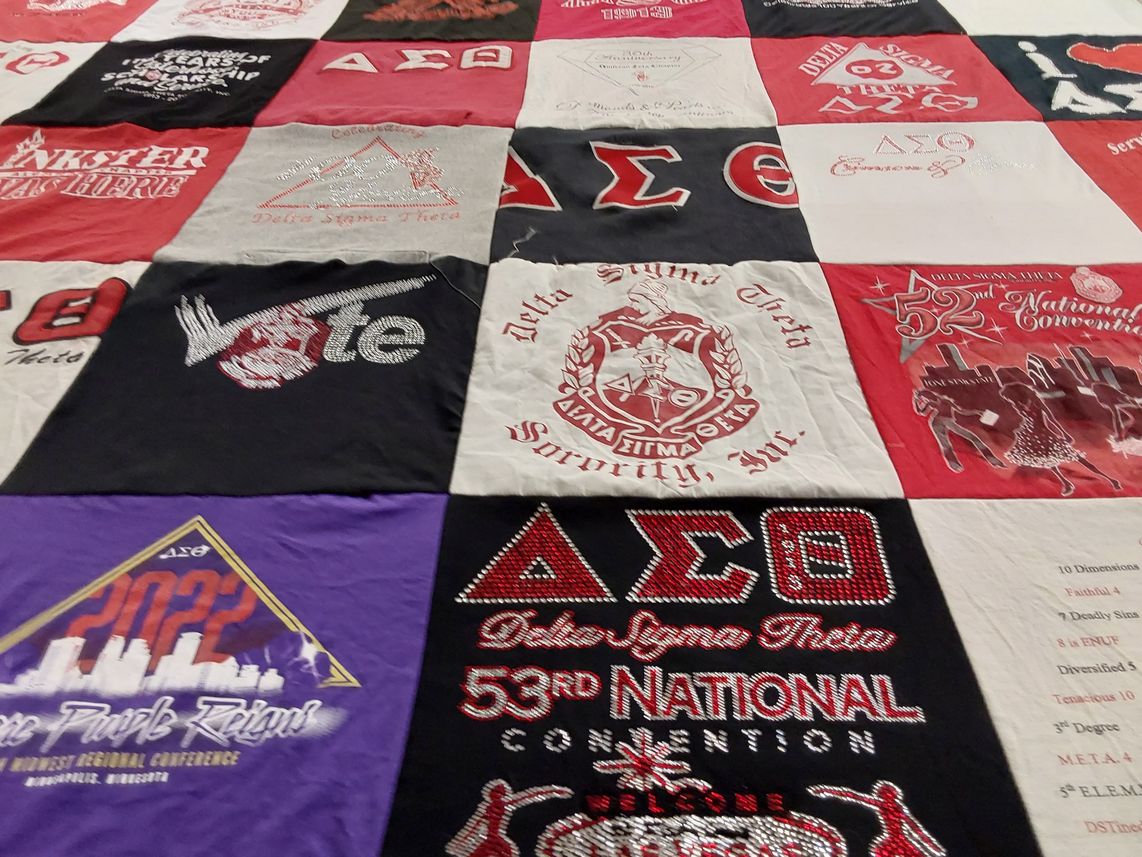 T-shirt quilt with sorority, community service themes by Juanita from GA