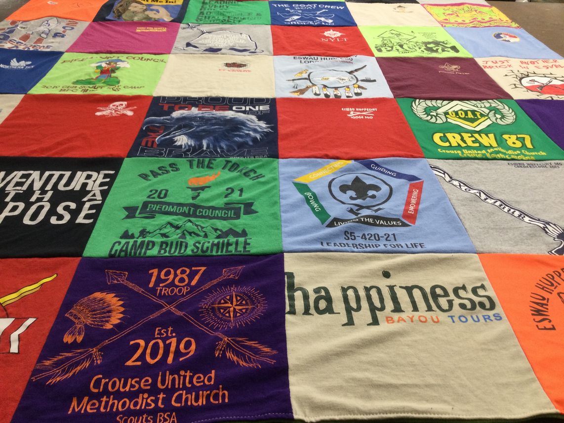 T-shirt quilt with scouting, camping themes by Sebrena from NC