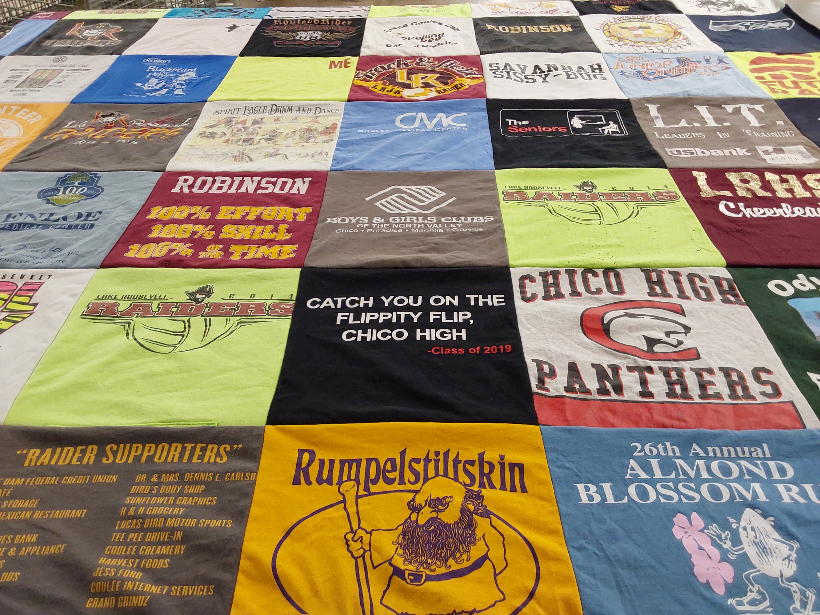 T-shirt quilt featuring lake roosevelt raiders, chico high panthers by Susan from CA