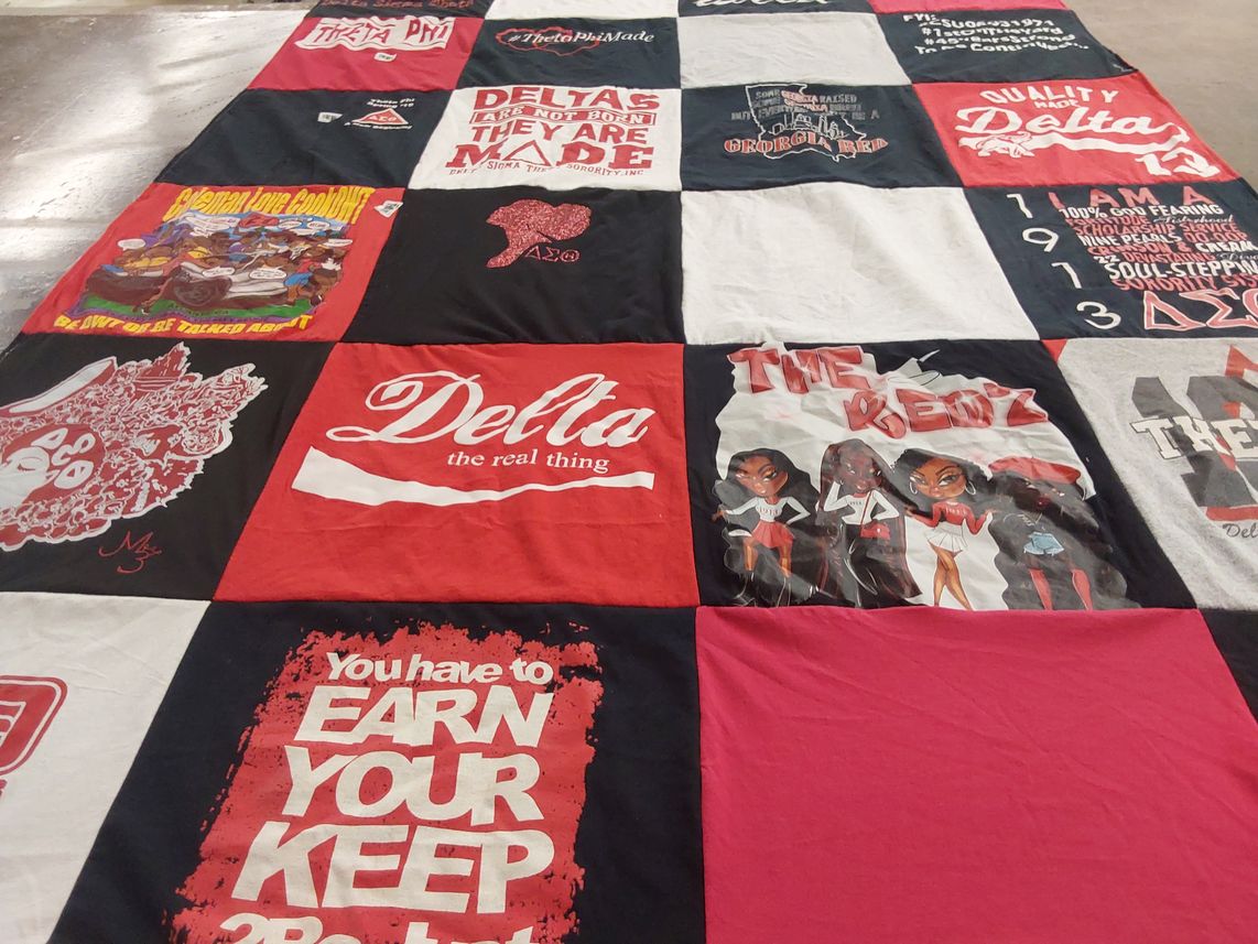T-shirt quilt with sorority, sisterhood themes by Mark from GA