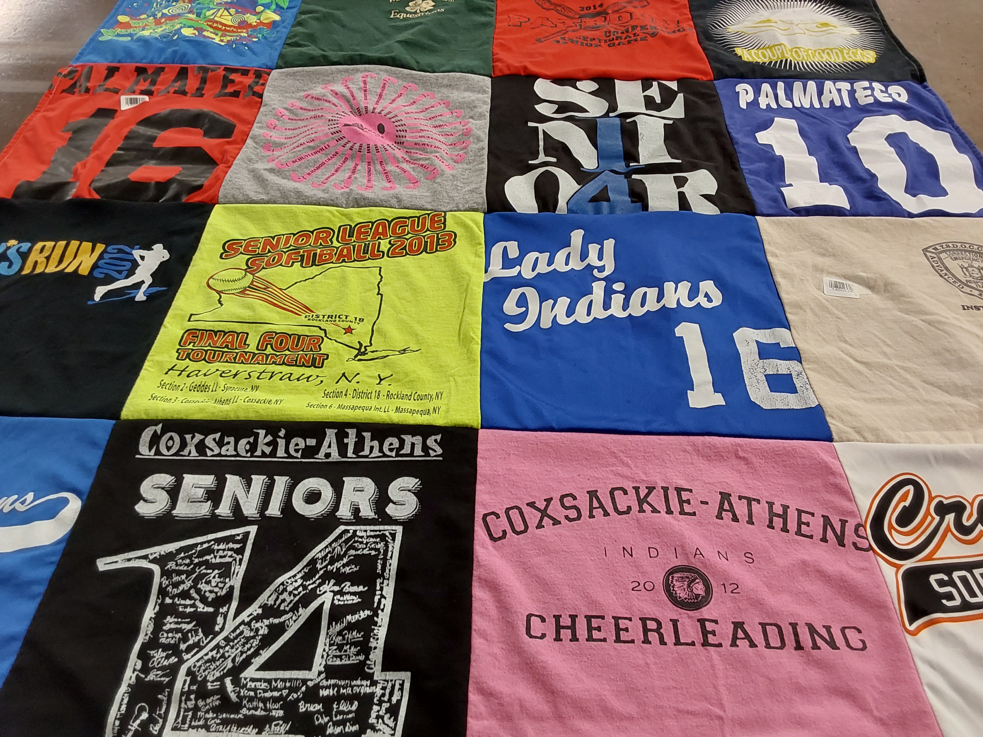 Custom Project Repat t-shirt quilt featuring shirts from coxsackie-athens high school.