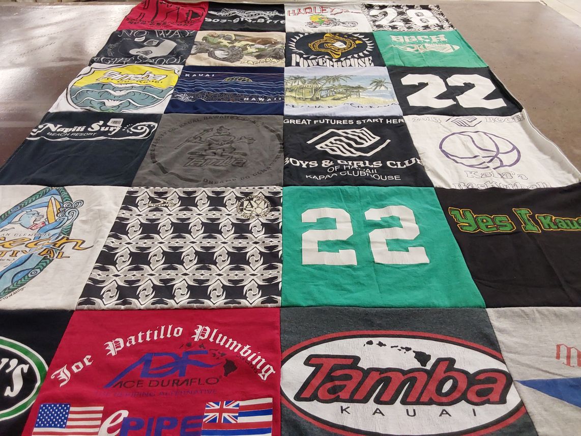 T-shirt quilt with surfing, beach activities themes by Joseph from TX