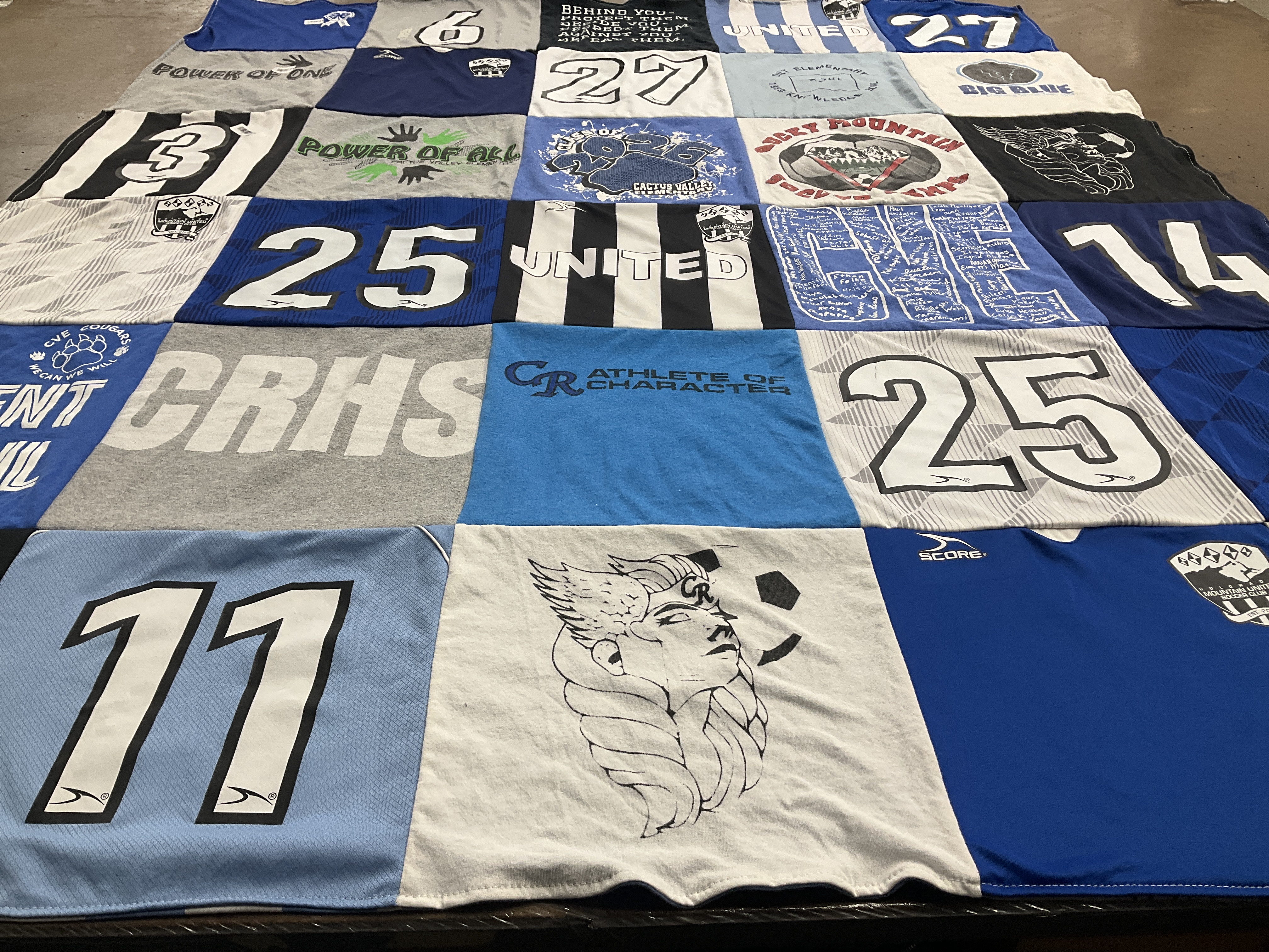 T-shirt quilt featuring riverside vikings, rocky mountain soccer camps by Ashlie from CO