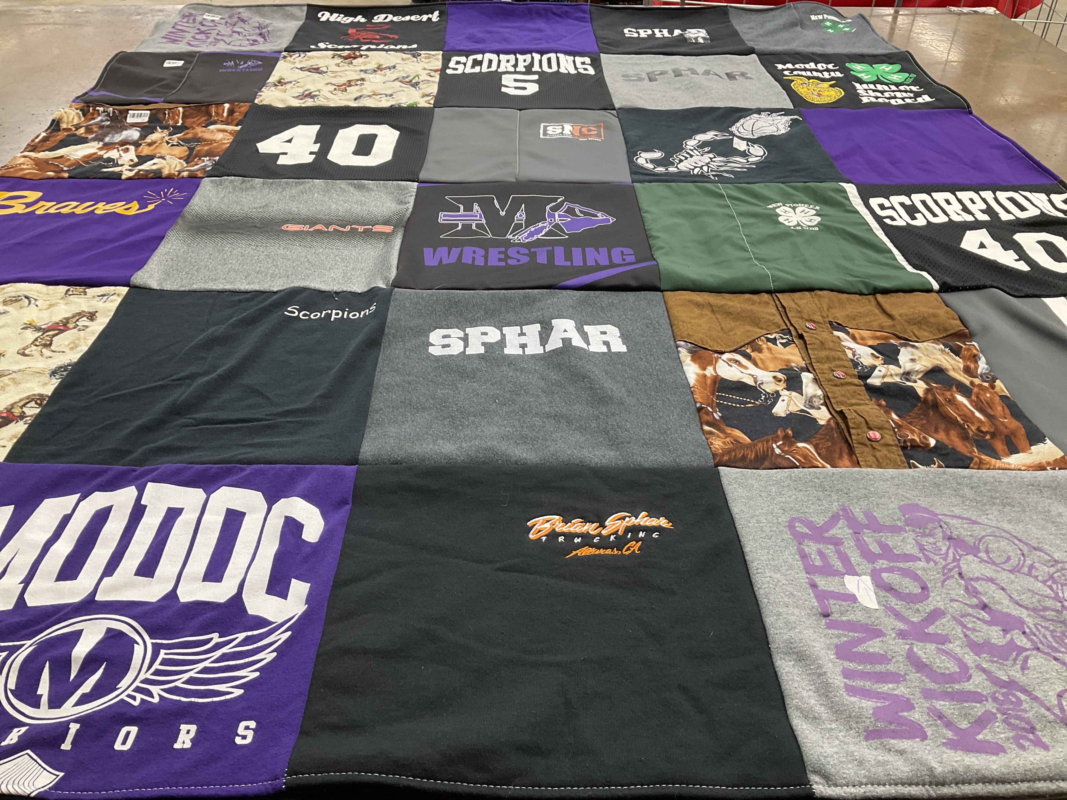 T-shirt quilt featuring modoc warriors, scorpions by Stacy from CA