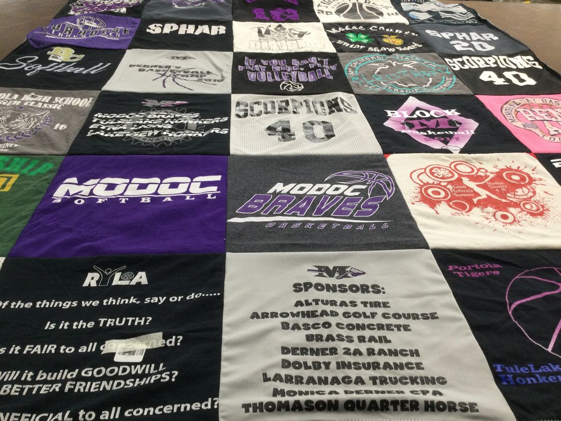 T-shirt quilt featuring modoc braves basketball, modoc braves softball by Stacy from CA