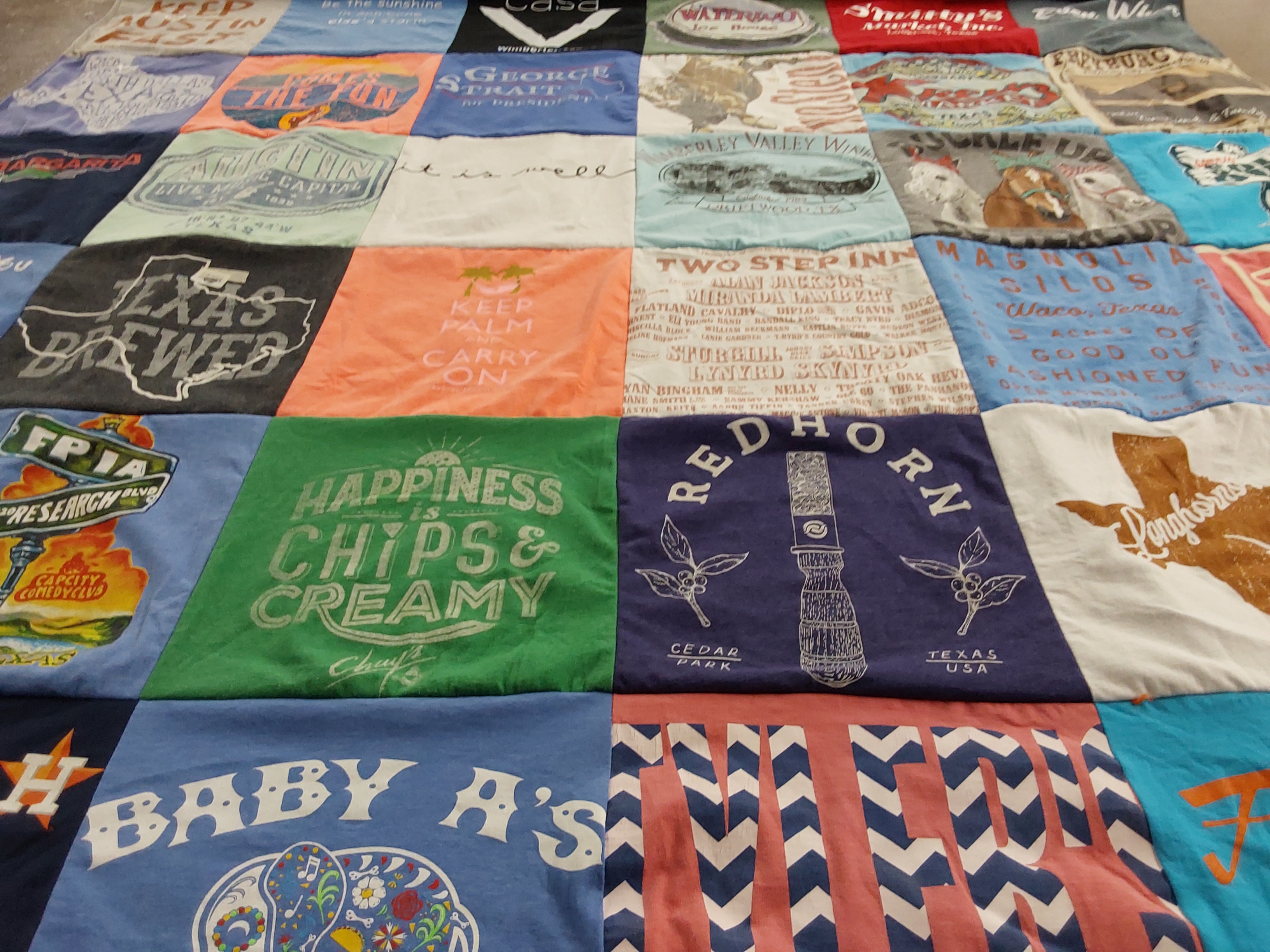 T-shirt quilt with texas culture, local businesses themes by Angela from TX