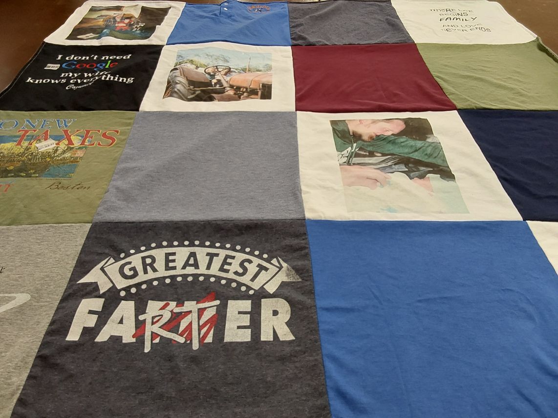 T-shirt quilt with farming, family themes by Susie from MT
