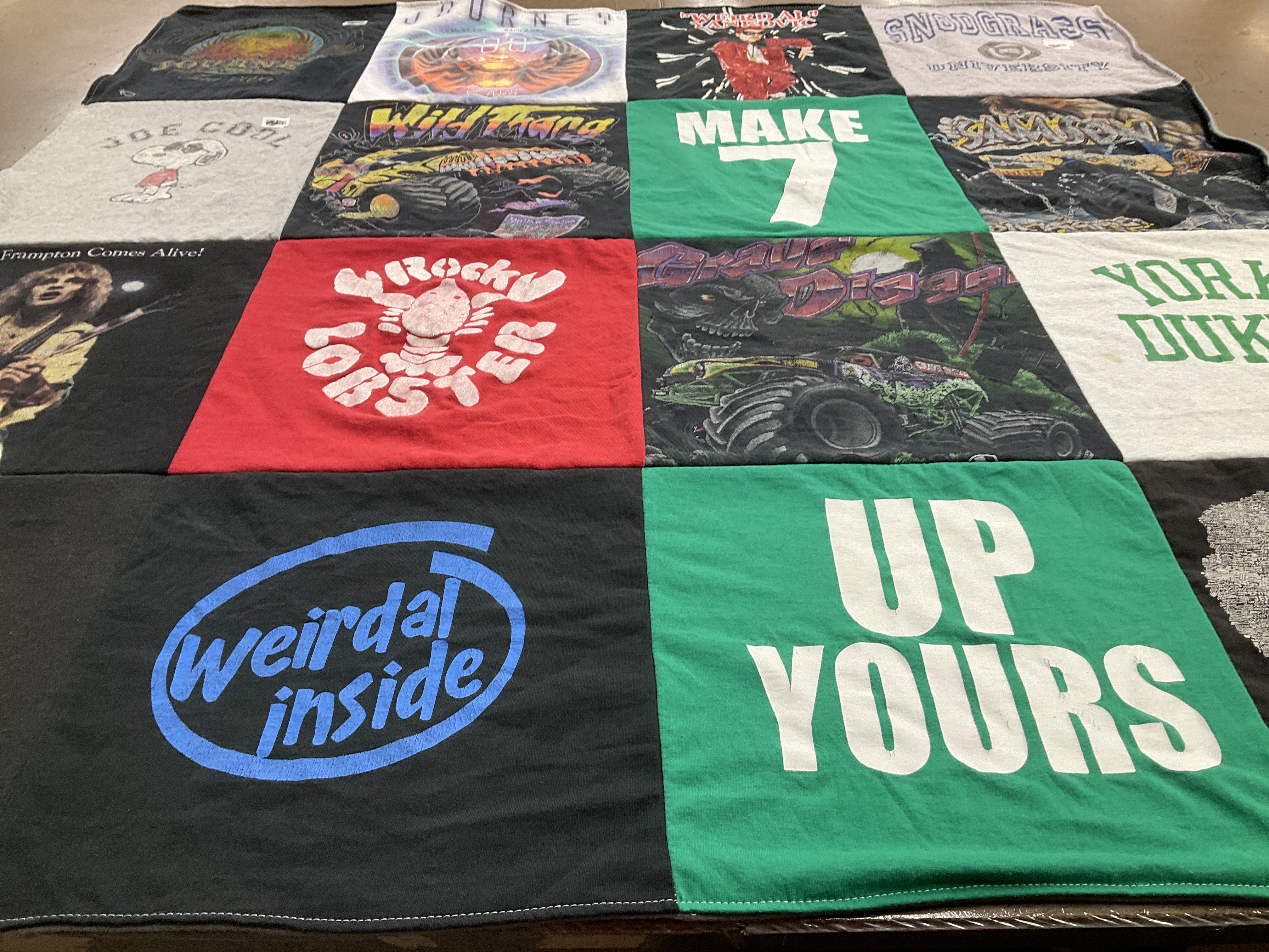T-shirt quilt with music, comedy themes by Karen M from IL