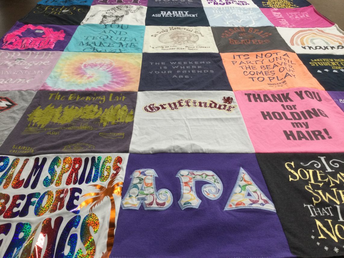 T-shirt quilt with partying, friendship themes by Kareen from NV