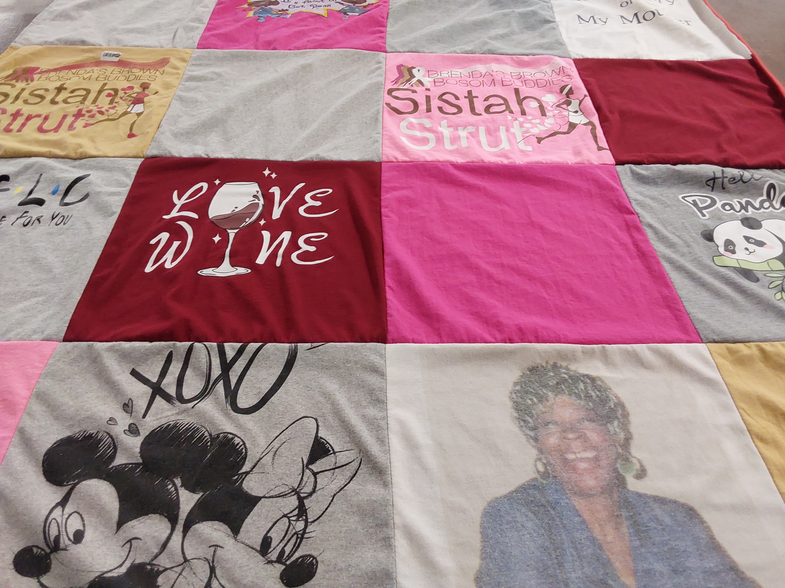 T-shirt quilt with wine, friendship themes by Jean from AL