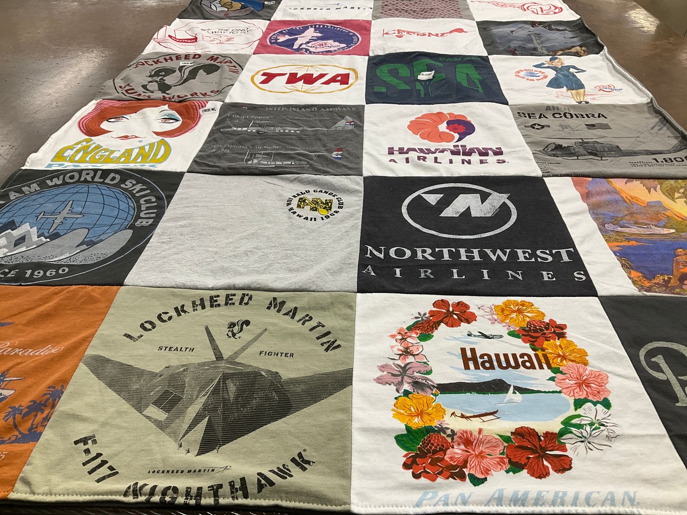 T-shirt quilt with air travel, aviation themes by Denny from CA