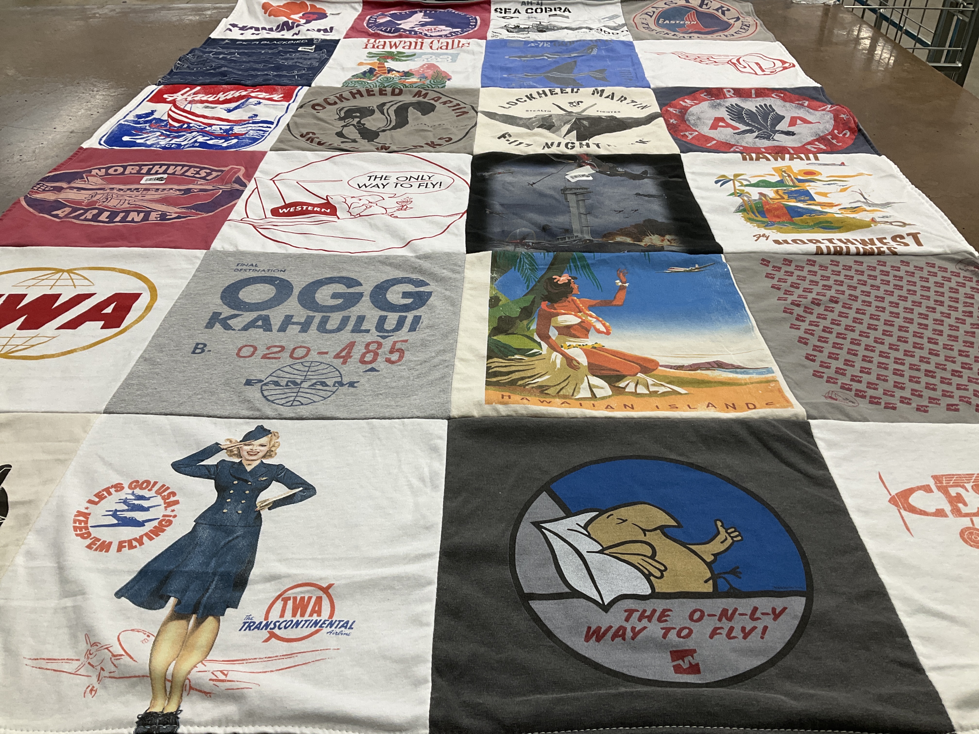 T-shirt quilt with aviation, travel themes by Denny from CA