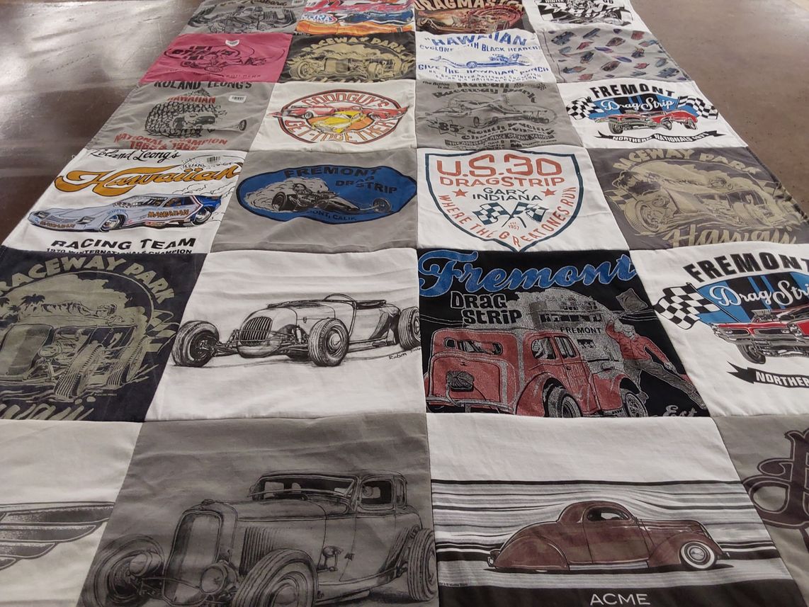 T-shirt quilt with car racing, drag racing themes by Denny from CA