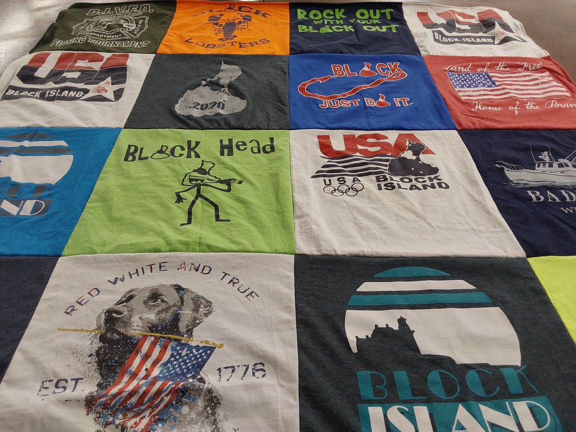 T-shirt quilt with fishing, tourism themes by Mary from CT