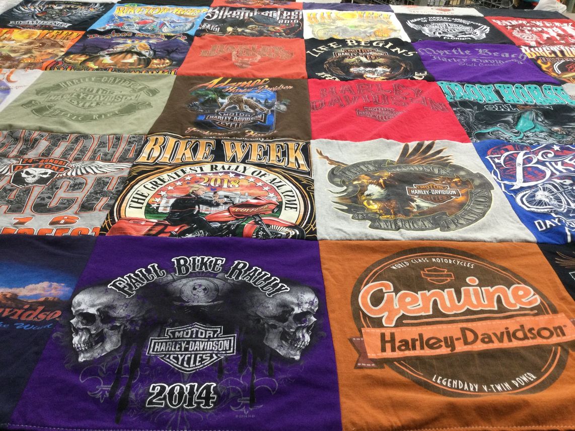 T-shirt quilt with motorcycles, biking themes by Marjorie from GA