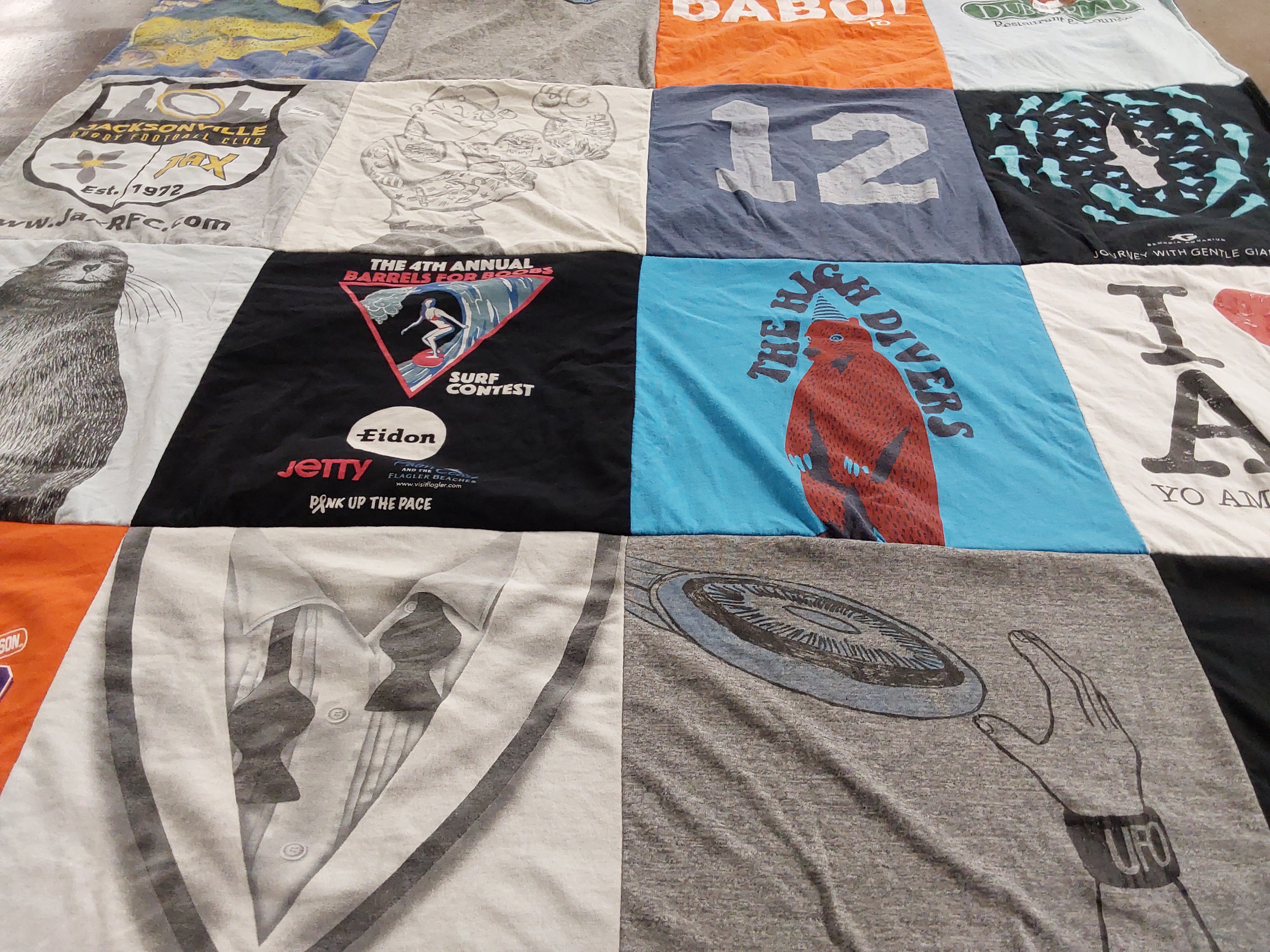 T-shirt quilt with surfing, music themes by Cheryl from FL