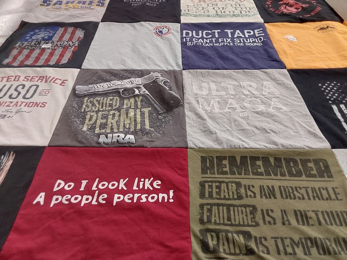 T-shirt quilt with politics, humor themes by Lisa from NY